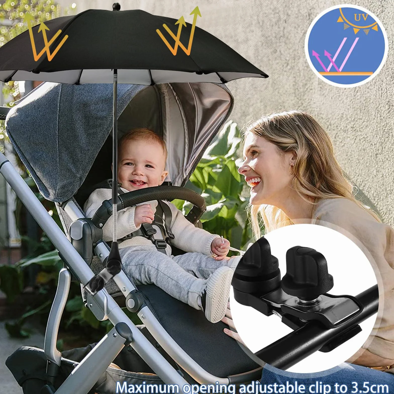 Parasol Poussette Universelle Anti UV 50+ Diamètre 73 cm Noir