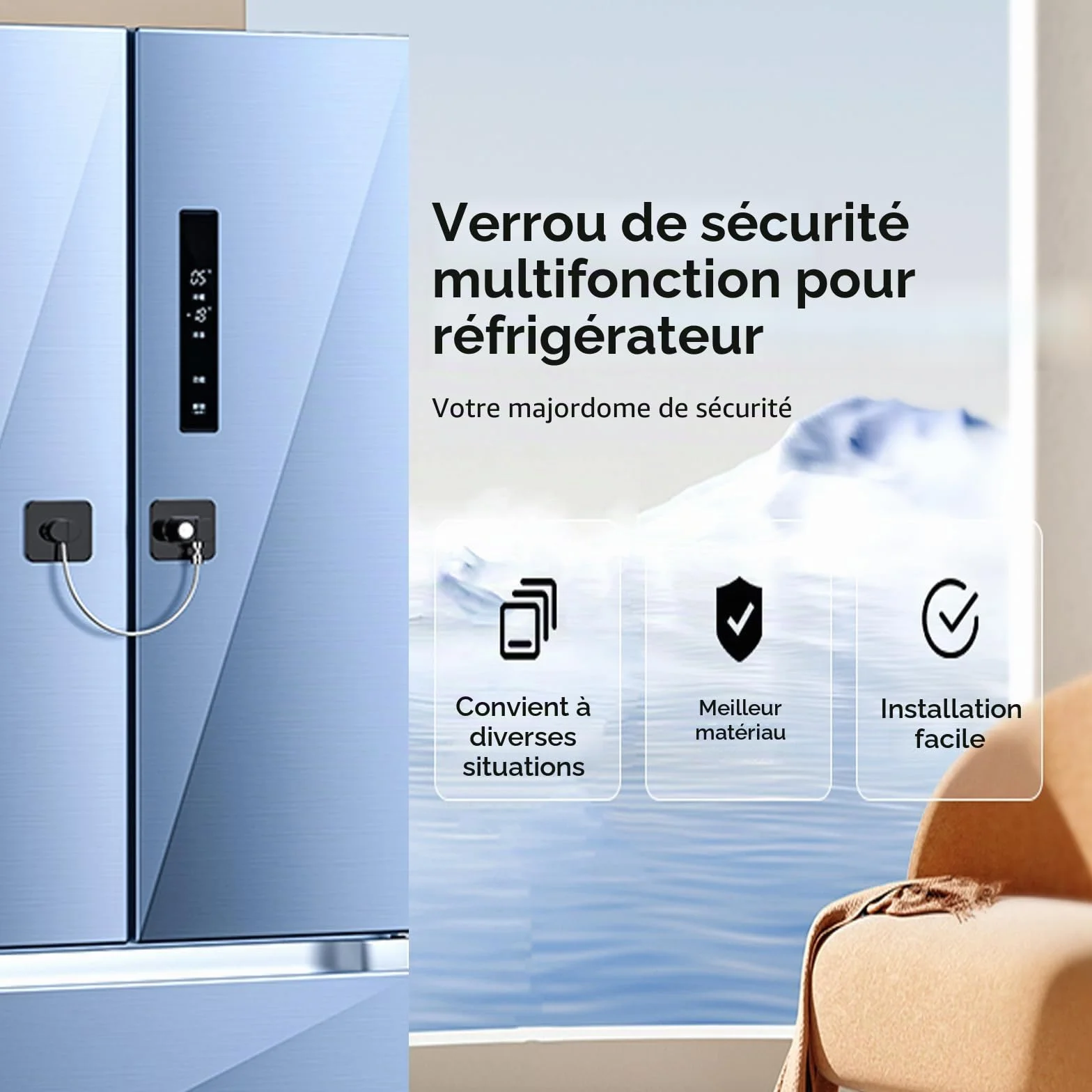 Lot de 2 Cadenas Frigo pour Enfants, Verrou Sécurité Réfrigérateur Sans Percage, Noir