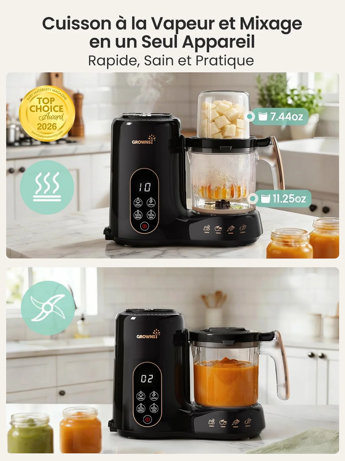 Grownsy Robot Cuiseur Bébé 6-en-1 Cuisson Vapeur Mixeur Stérilisation Réchauffage Décongélation Double Panier Vapeur Sans BPA