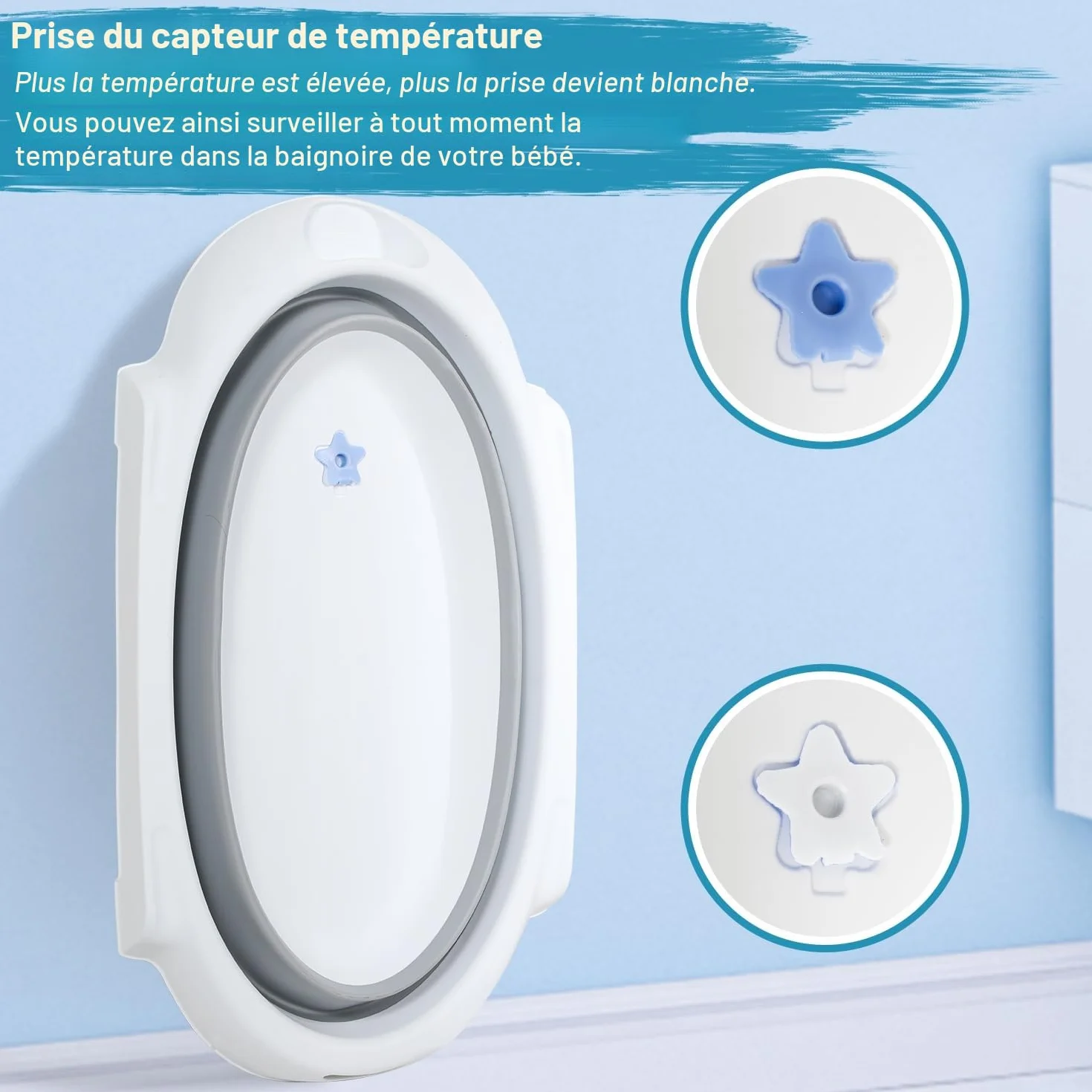 Baignoire pliable pour nouveau-nés et tout-petits avec support antidérapant et tapis de bain, gris
