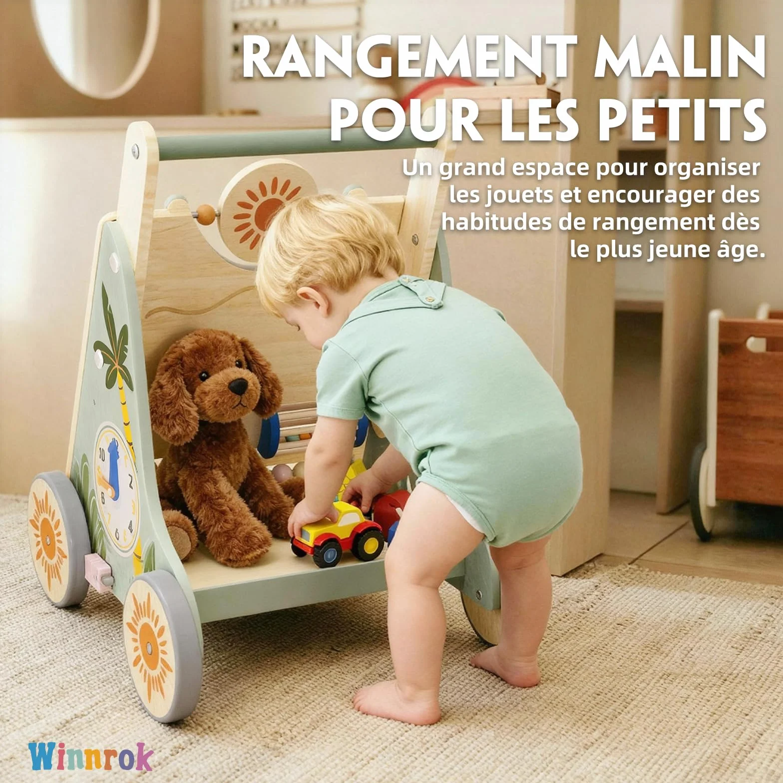 Chariot de Marche en Bois Montessori pour Bébé, Centre d'Activités, Trotteur Réglable 6-24 Mois