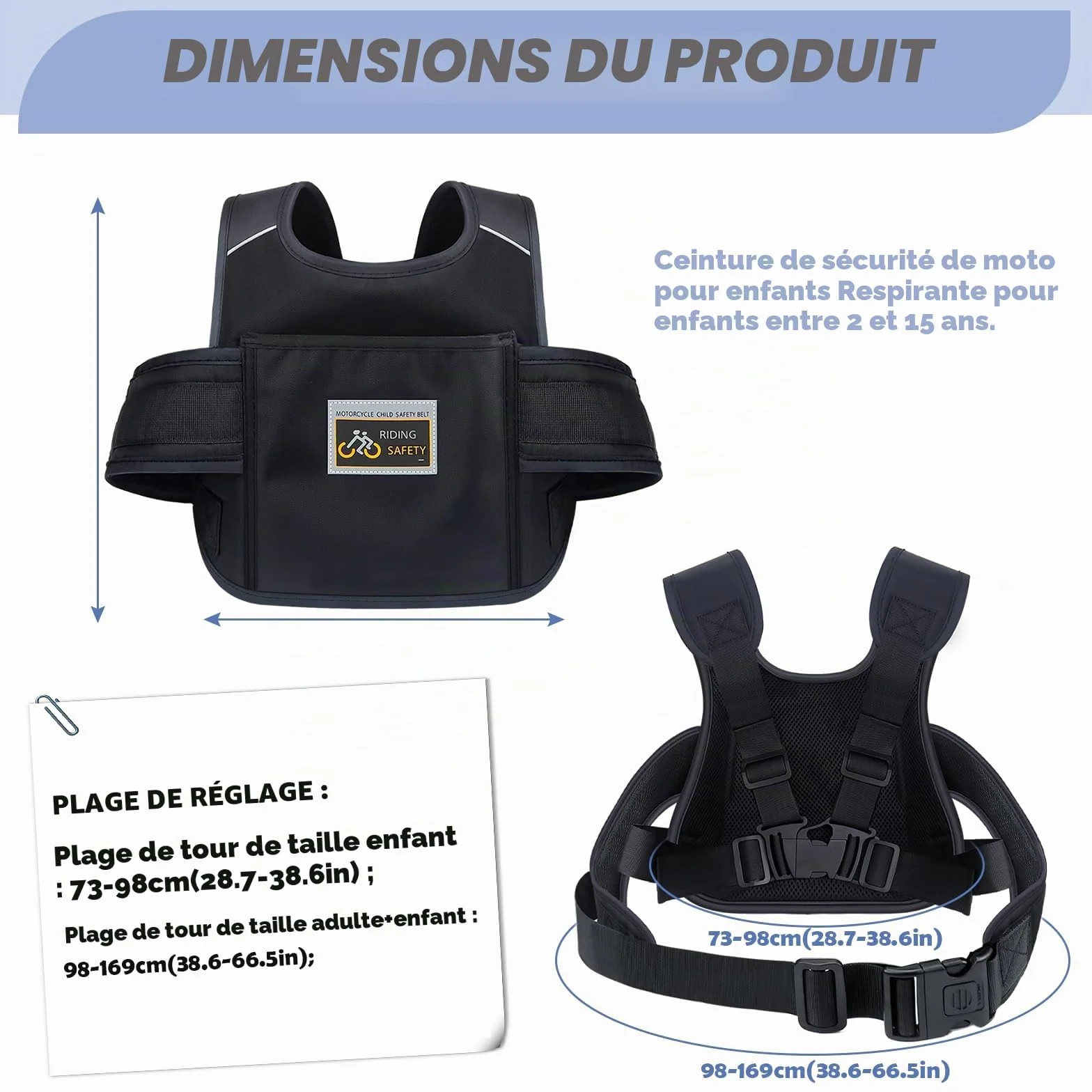 Harnais de Sécurité Moto Enfant Réglable Respirant Réfléchissant