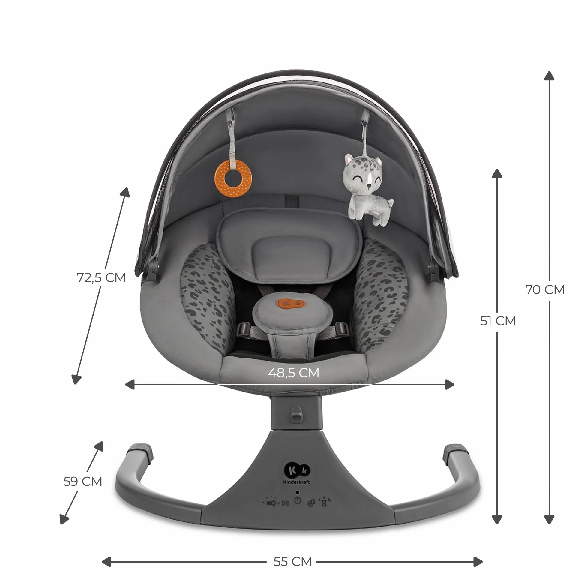 Kinderkraft LUMI 2 Transat bébé Balancelle électrique Naissance à 9 Mois Réglable hauteur 5 modes balancement 12 mélodies Arche jouets Gris foncé