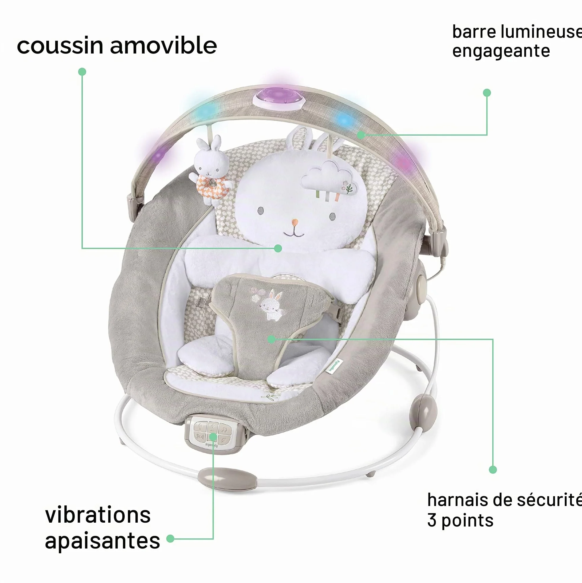 Ingenuity Transat et Siège Sauteur Twinkle Tails 7 Mélodies Vibrations Apaisantes Arche Lumière Jeu Amovible 2 Jouets D’Activités Ultra-Doux Dès Naissance 9 kg
