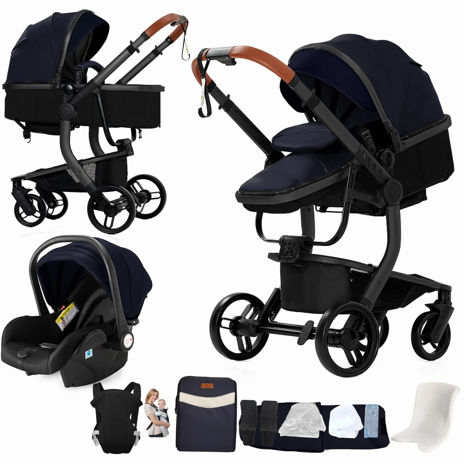 Poussette 3 en 1 Cuir PU Cadre Alliage Aluminium Pliable L518 Black Blue