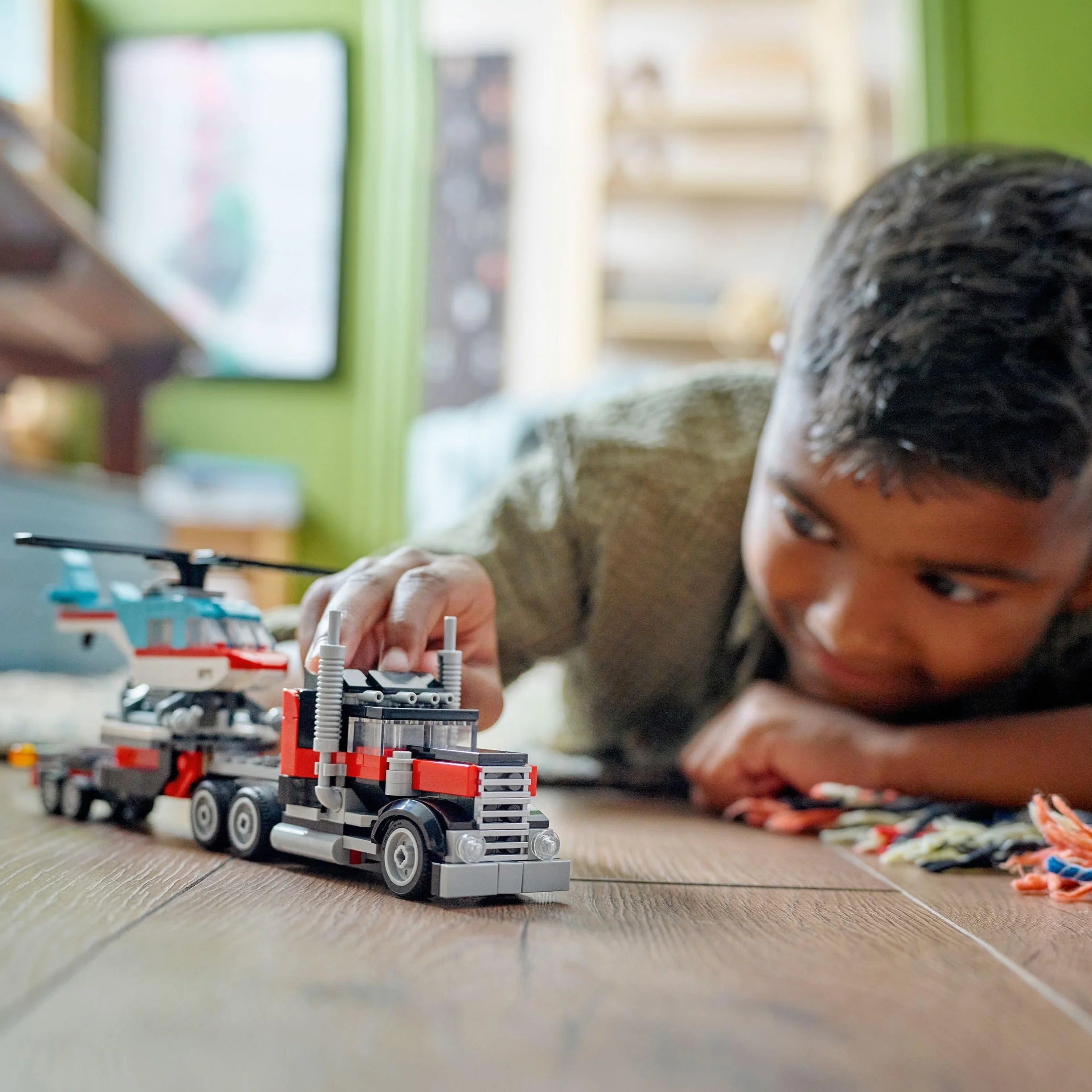 LEGO Creator 3in1 Flatbed Truck with Helicopter Toy to Propeller Plane and Fuel Lorry to Hot Rod and SUV Car Toys 31146 for 7 Plus Year Old Boys Girls