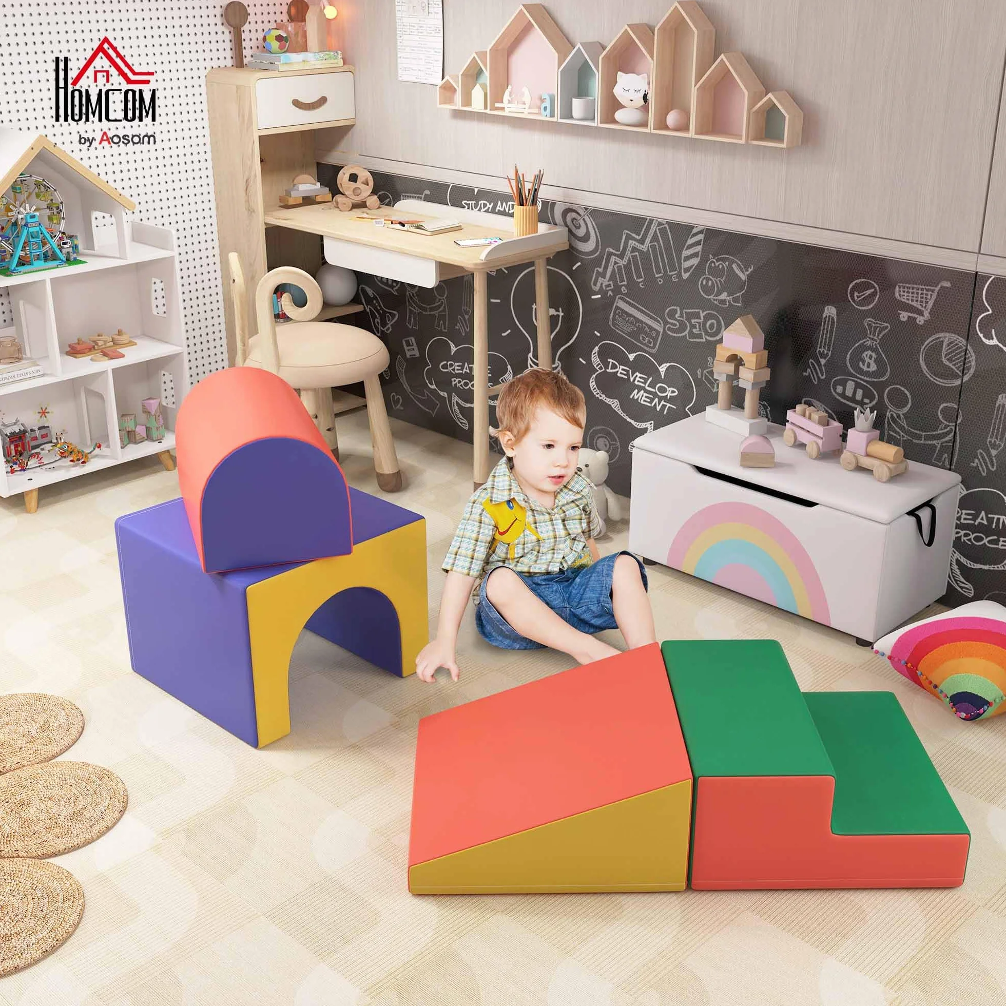 HOMCOM Parcours motricité bébé 4PCS, Module motricité bébé en Mousse EPE avec Housse revêtement synthétique, Blocs Mousse Construction, Jouets éducatifs Enfants préscolaire, Multicolore