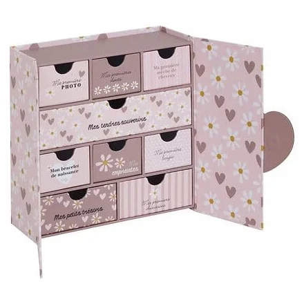 Coffret de naissance souvenirs cœurs 9 tiroirs Rose