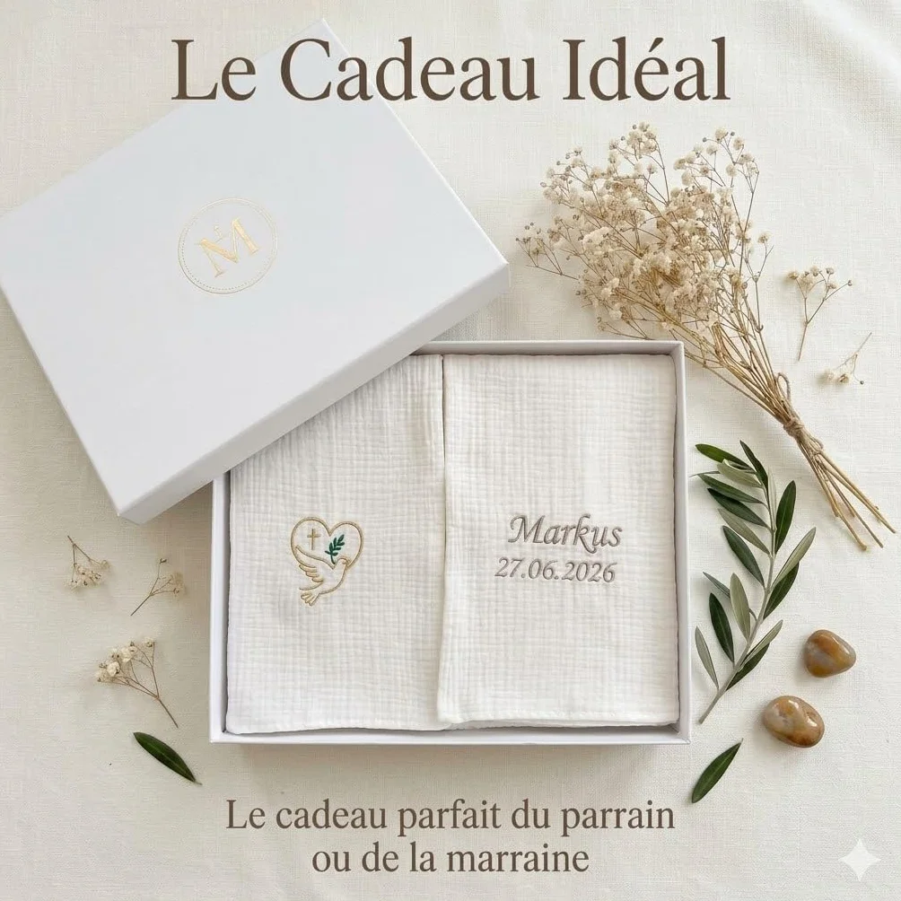 Écharpe de Baptême Personnalisée Bébé avec Broderie Prénom et Date – Double Gaze de Coton – Cadeau Baptême Garçon Fille