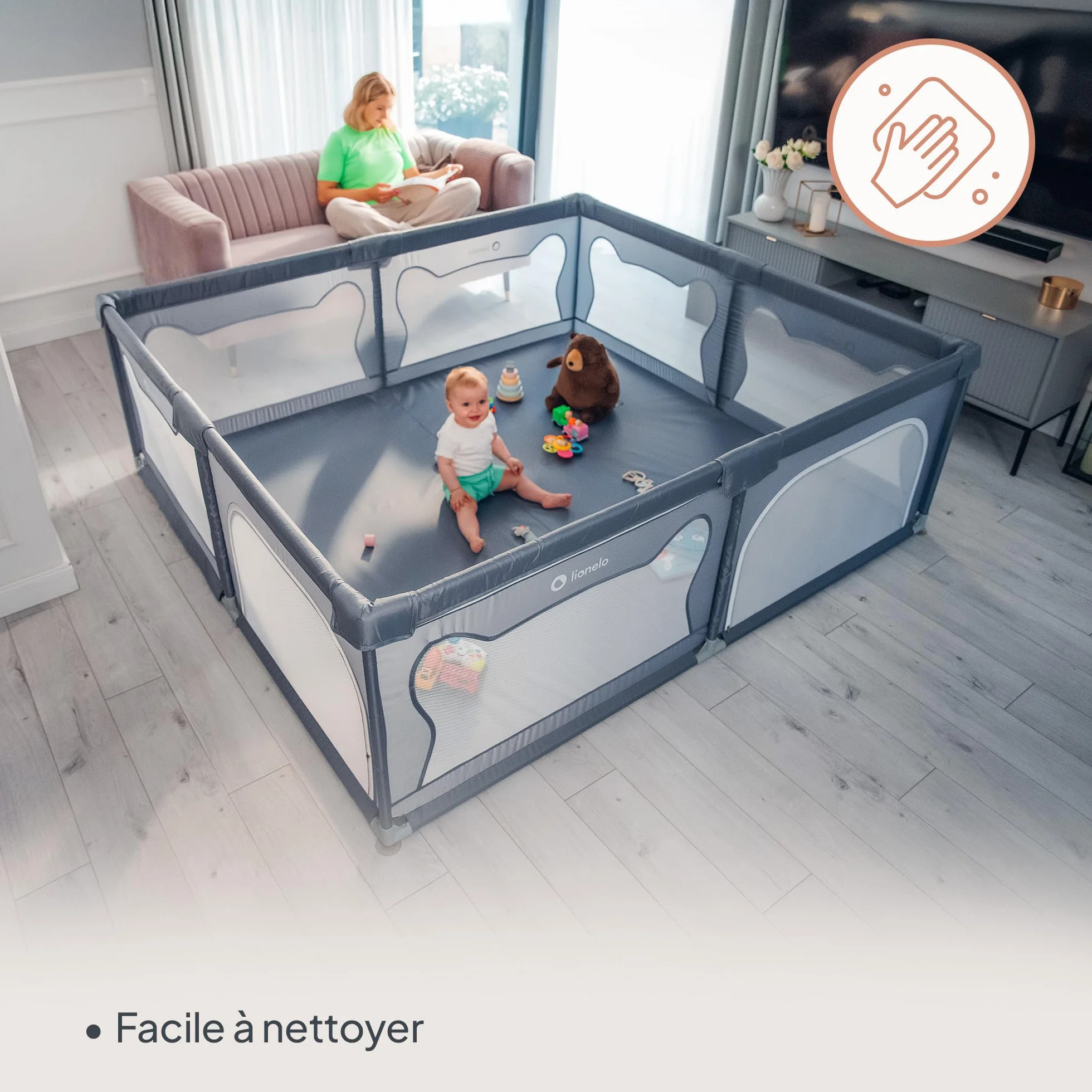 LIONELO WILLOW XL Parc Bébé Pliable 187x207x68 cm 0-48 mois Gris
