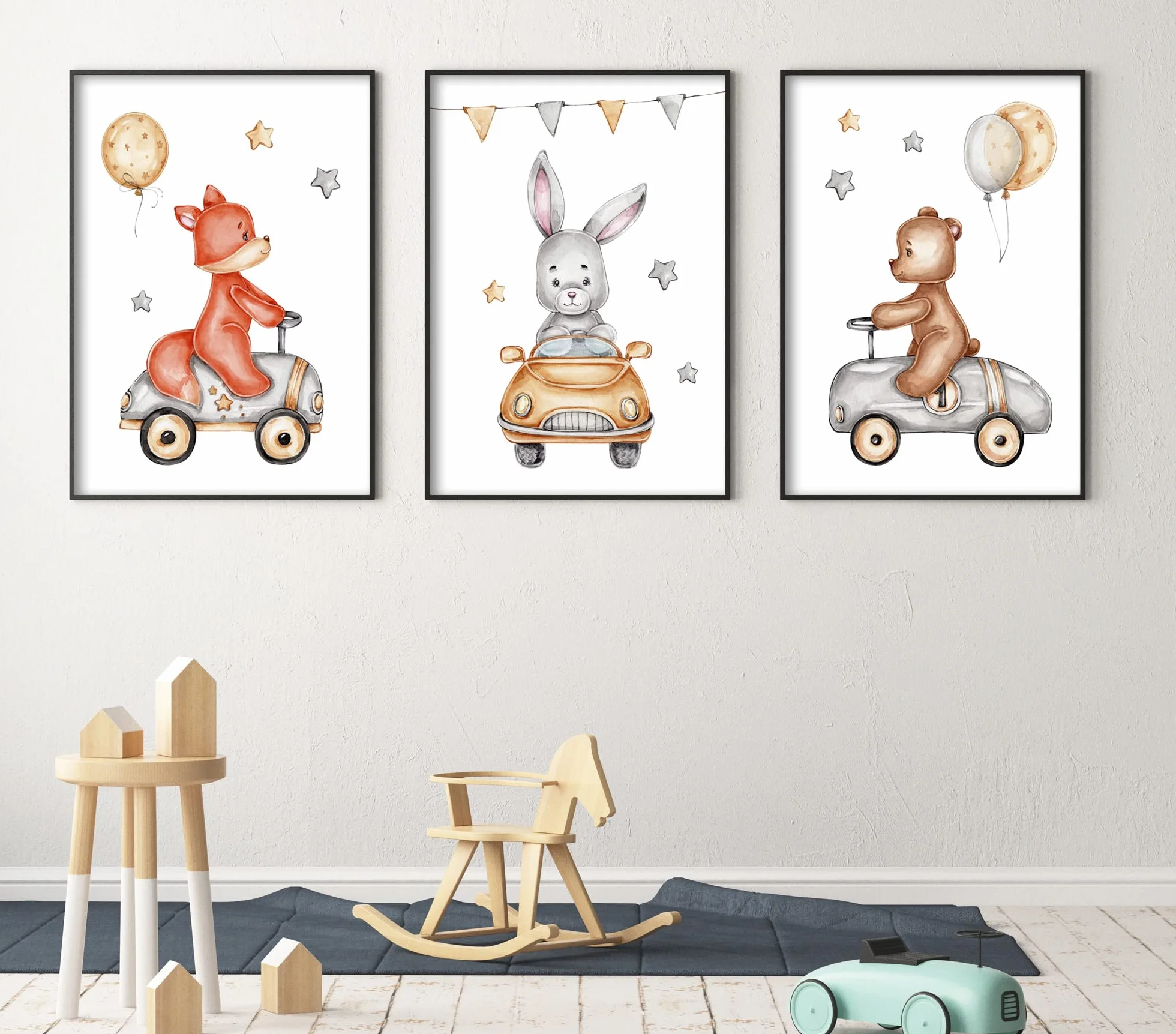 Affiche Decoration Murale Enfant 30x40 cm 3 Tableaux Poster Mural Animaux en Voiture