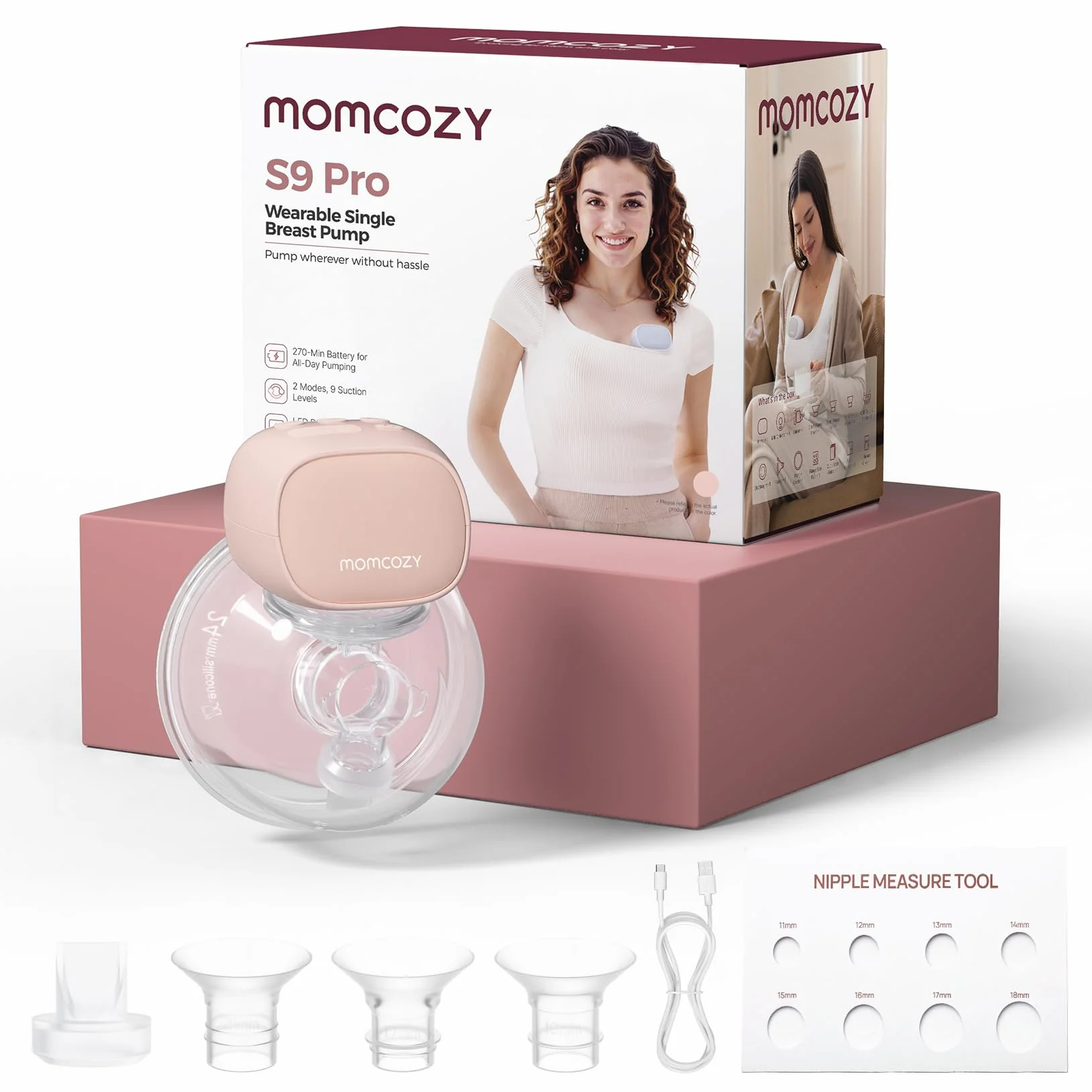 Momcozy S9 Pro Tire-lait Électrique Mains Libres, Batterie Longue Durée, Écran LED, Portable 2 Modes 9 Niveaux 24mm Rose