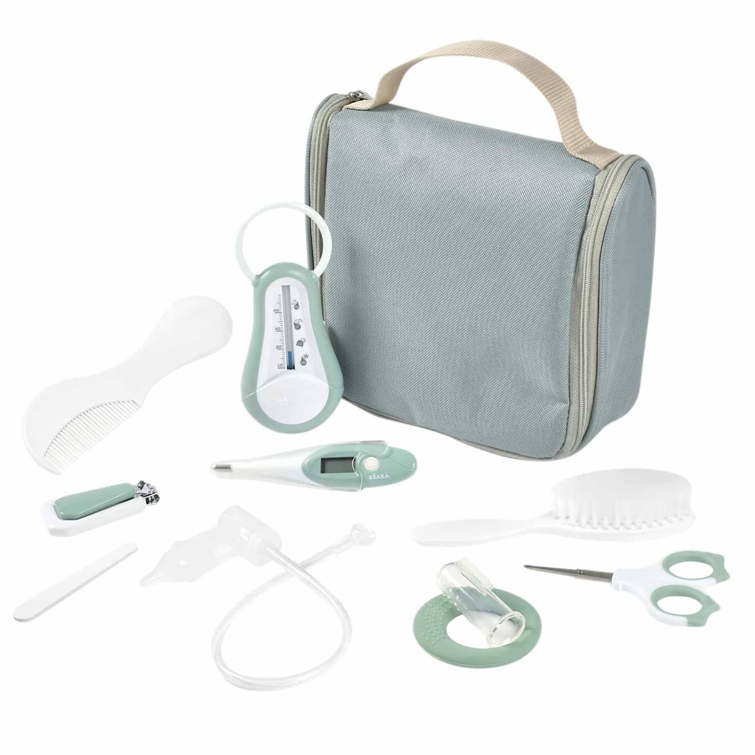 BÉABA Trousse de Toilette Bébé Nomade 10 Accessoires Soins Crochet Rotatif Compact Double Zip Vert Sauge