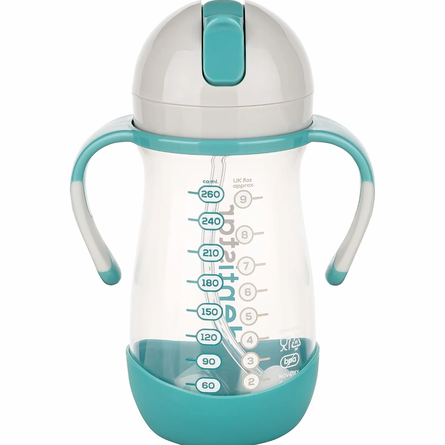 Dentistar Gourde bébé 260 ml avec paille sans BPA – Bouteille hermétique poignée antidérapante Menthe
