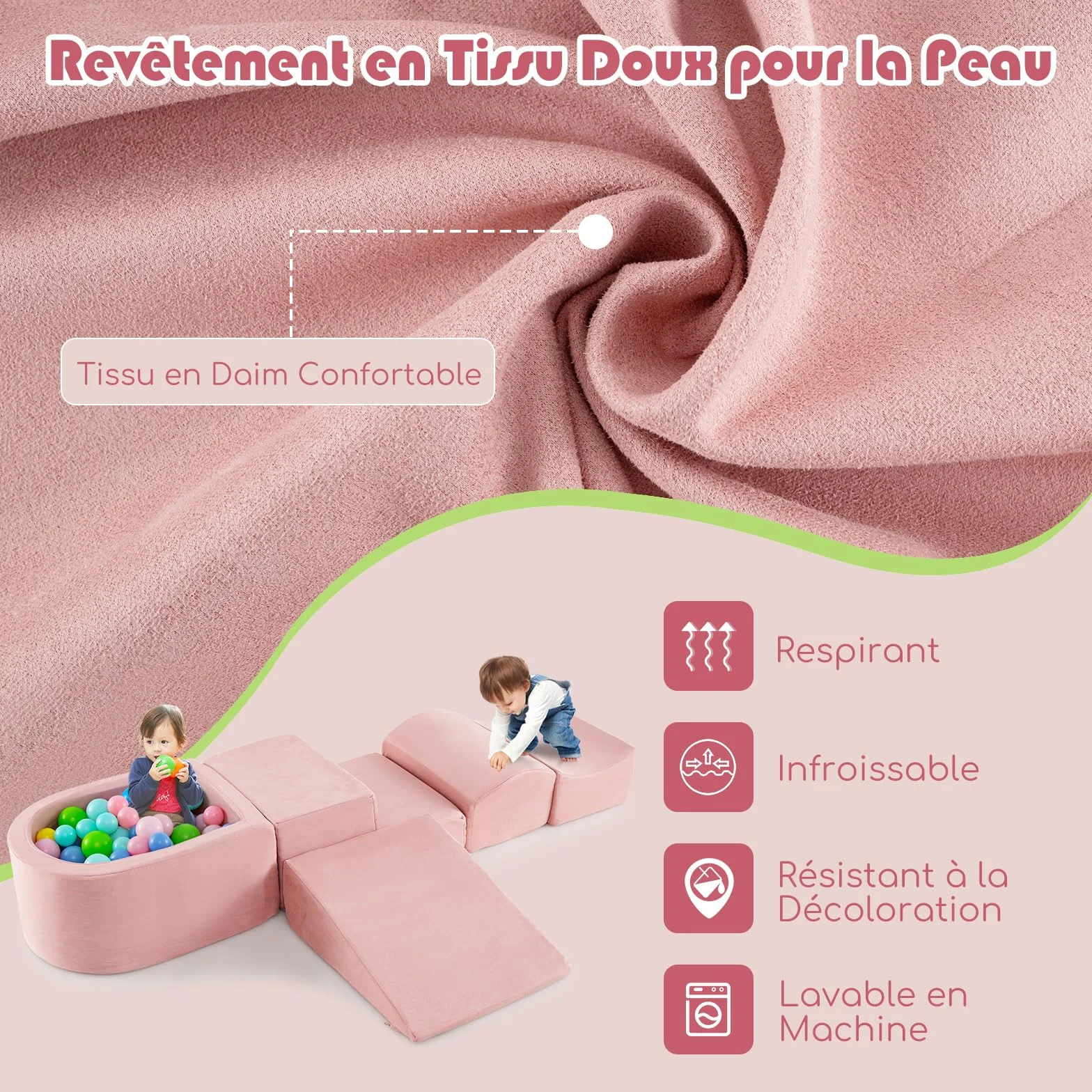DREAMADE Parcours de motricité Bébé 5PCS avec Housse Lavable, Blocs de Construction avec Piscine à Balles, pour Enfant 3+ Ans (Rose)