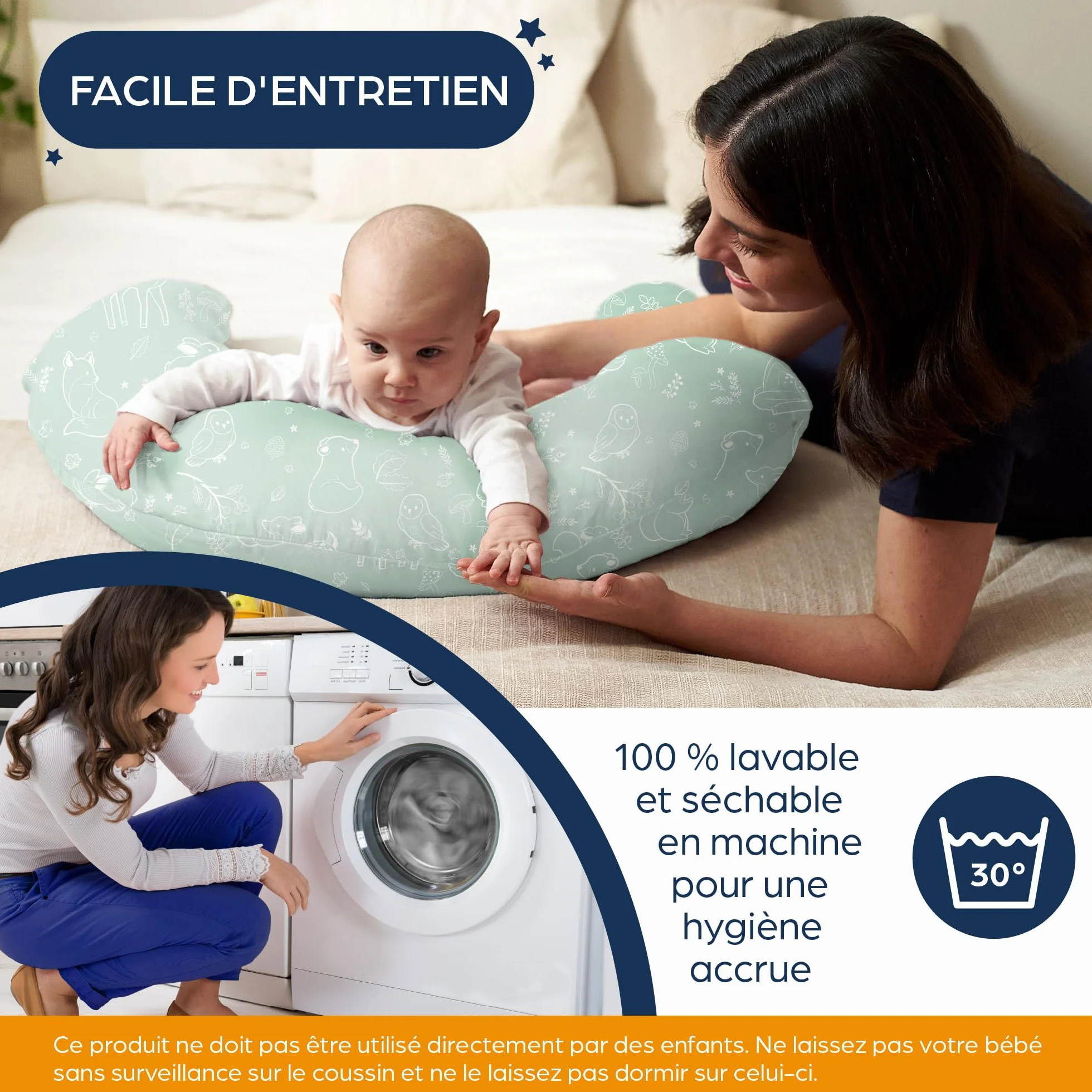 Niimo Coussin de Grossesse et d'allaitement XXL 100% Coton Lavable