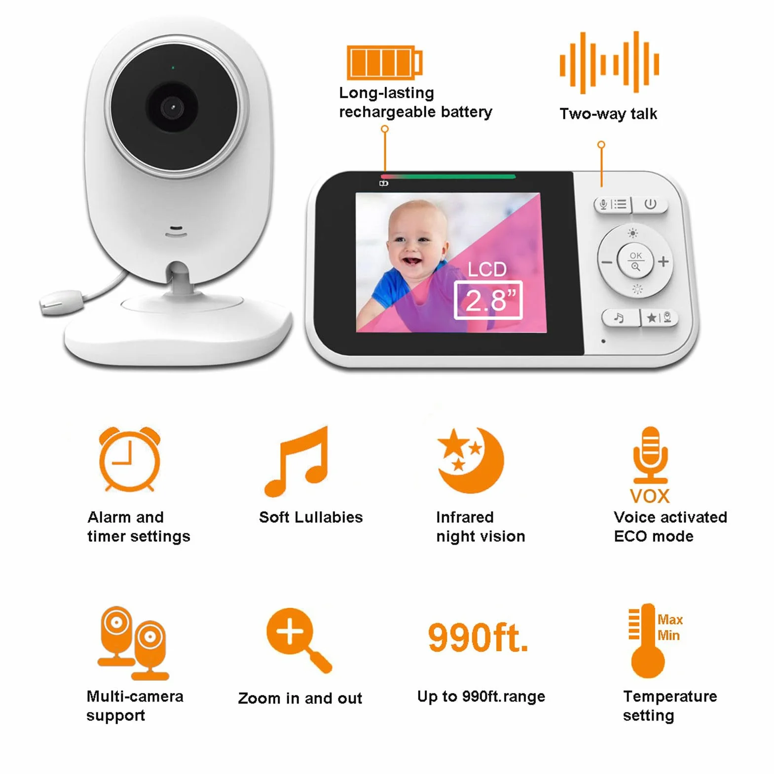 SEAFRONT Babyphone 1080p HD Vision Nocturne Écran 2,5 Pouces Audio Bidirectionnel