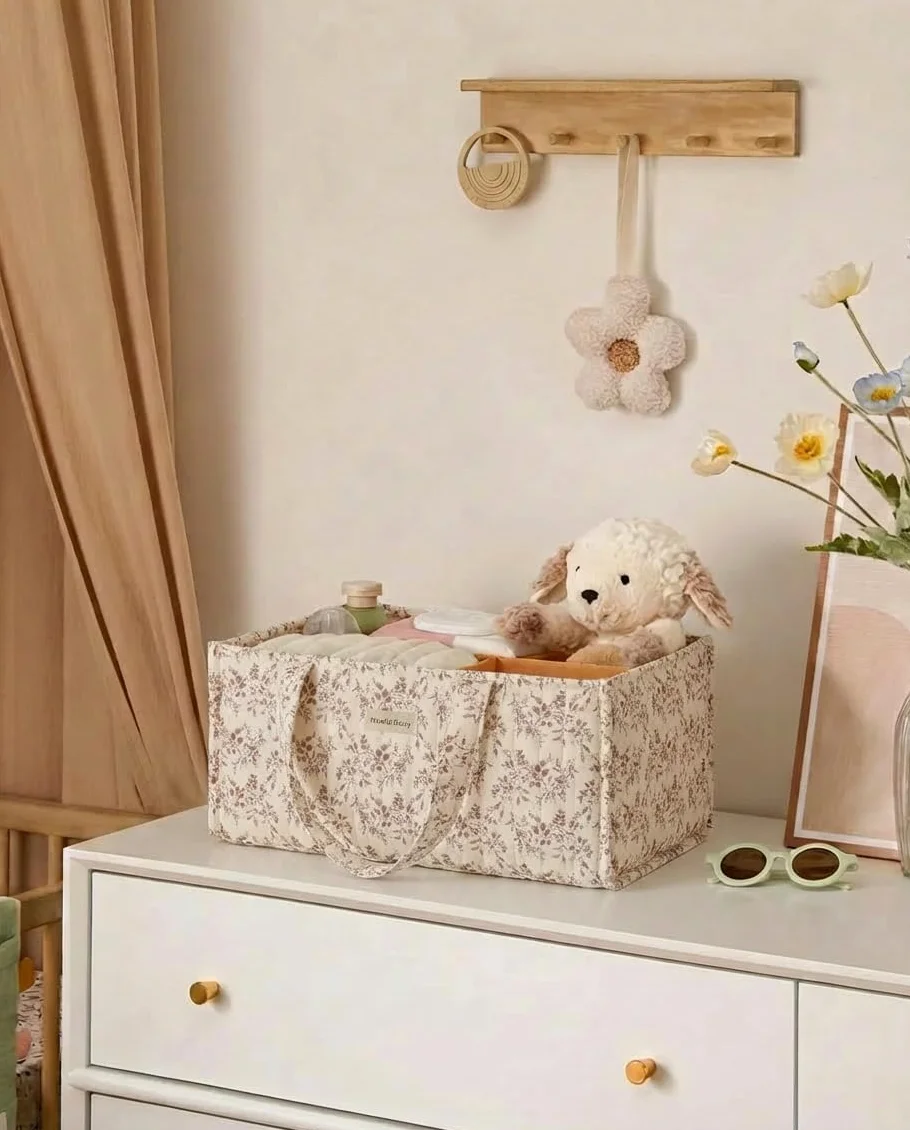 Panier Rangement Bébé Matelassé Motif Floral avec Poignée Compartiments Détachables