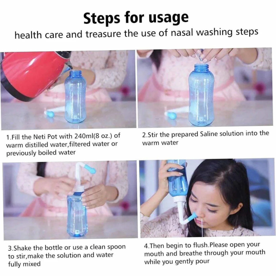Kit de Rinçage des Sinus Bouteille Nettoyeur Lavage du Nez Irrigation Nasale pour Enfant Adulte