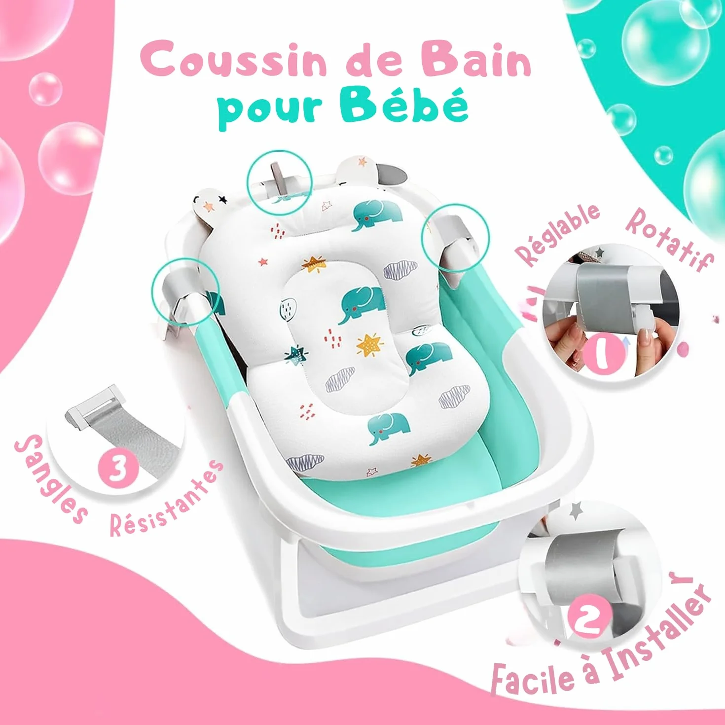 Coussin de Bain Bébé Universel avec Pichet - Réducteur Baignoire Antidérapant Matelas Doux (Blanc)