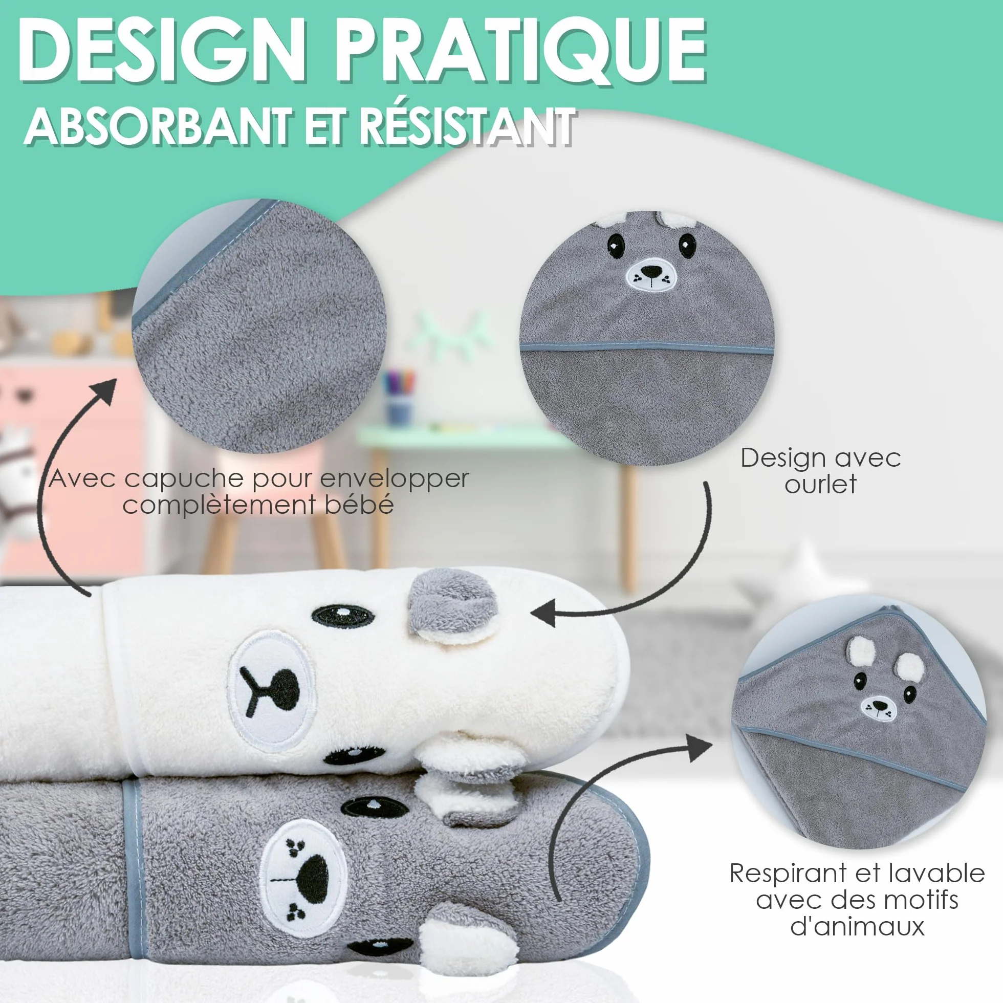 Serviette de Bain Bébé à Capuche Lot de 2 Animaux 0-3 Ans Cadeau Naissance Garçon