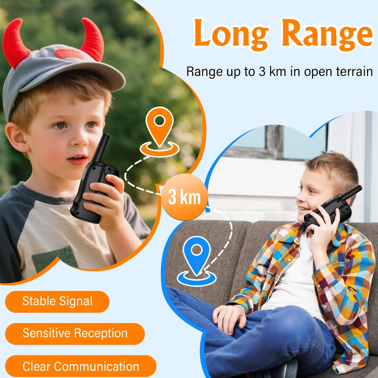 Pakinui Talkie Walkie Enfants Rechargeable Longue Portée 3 KM Batterie 1000mAh Ensemble de 2 avec Lampe de Poche VOX Camping Randonnée