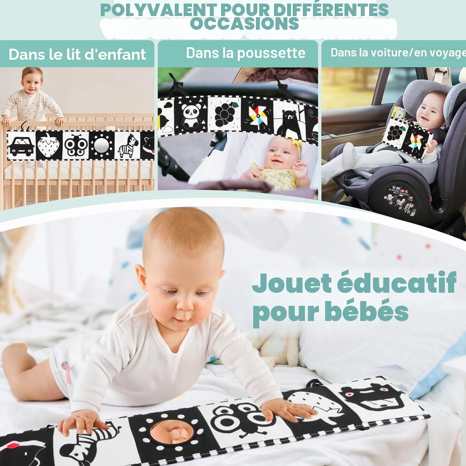 BBWOO Livre bébé 0-12 Mois Noir et Blanc sensoriel Montessori Jouet d'éveil Tummy Time Pliable Lavable avec Anneau Dentition et Miroir