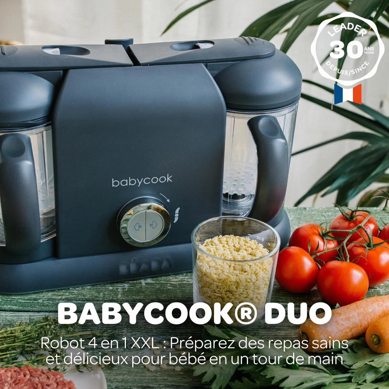 BÉABA Babycook Duo Robot Bébé 4 en 1 Mixeur-Cuiseur Cuisson Vapeur 15min 2200 ml Dark Grey