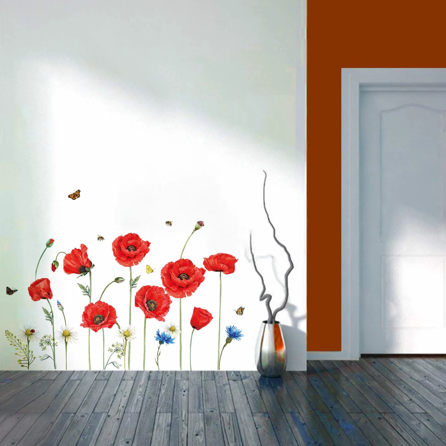 Decalmile Autocollant Mural Coquelicots Rouges Fleur Papillon Décoration Murale Chambre Salon