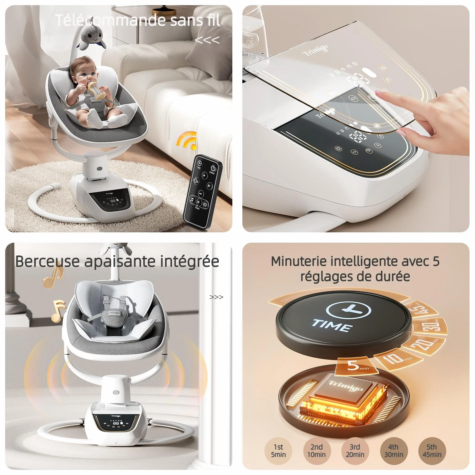 Balançoire bébé électrique réglable inclinaison rotation 180° 5 modes balancement musique télécommande jusqu'à 18 kg Gris