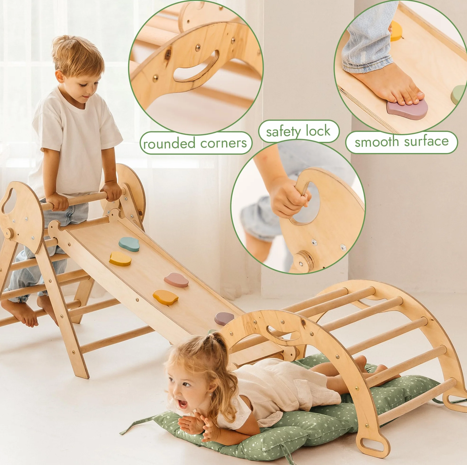 Goodevas Montessori Kit d'escalade 5 en 1 triangle d'escalade d'intérieur arche avec coussins toboggan pour enfants aire de jeux 1-3 ans