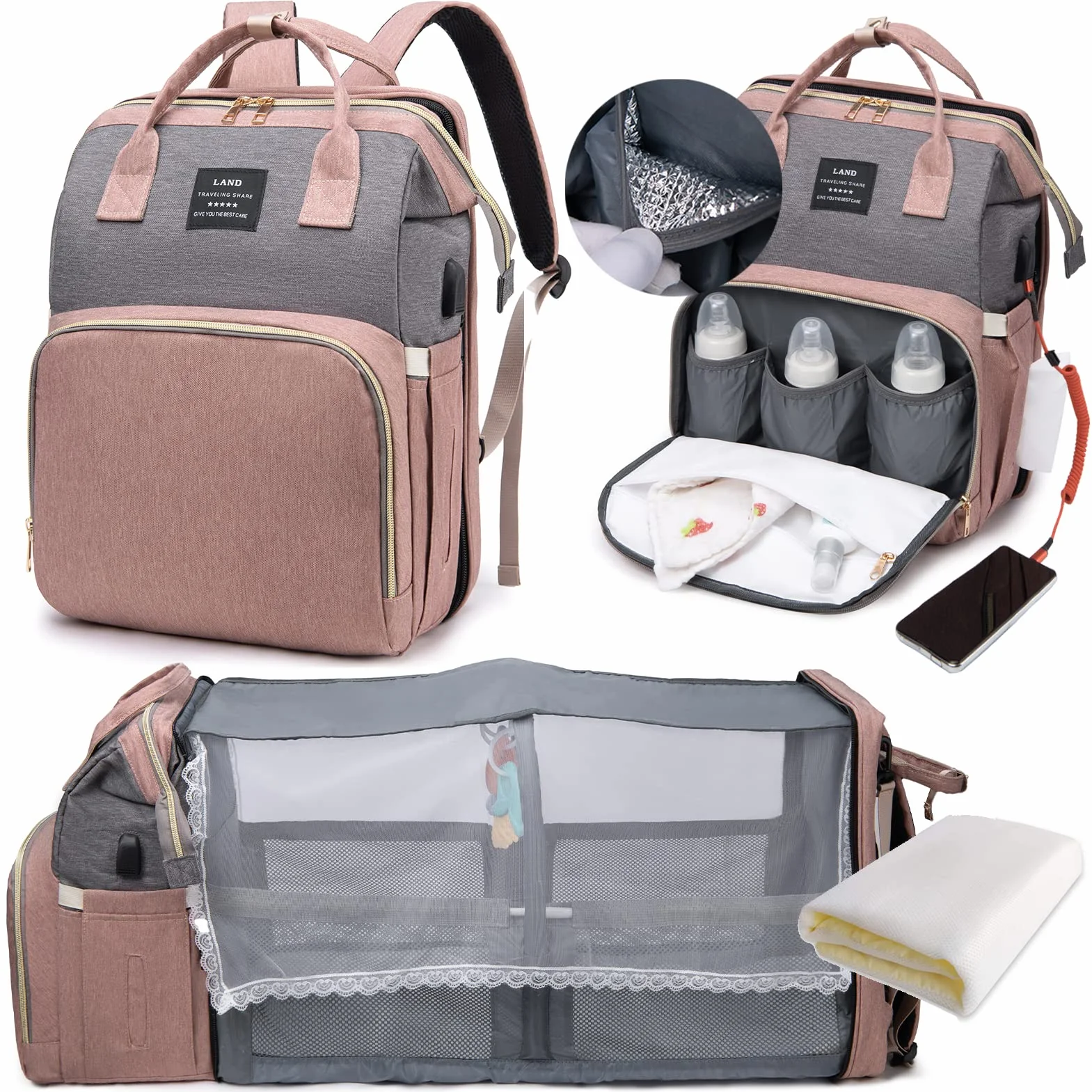 Sac à Langer Bébé Grand Sac à Dos avec Matelas, Moustiquaire et Port USB