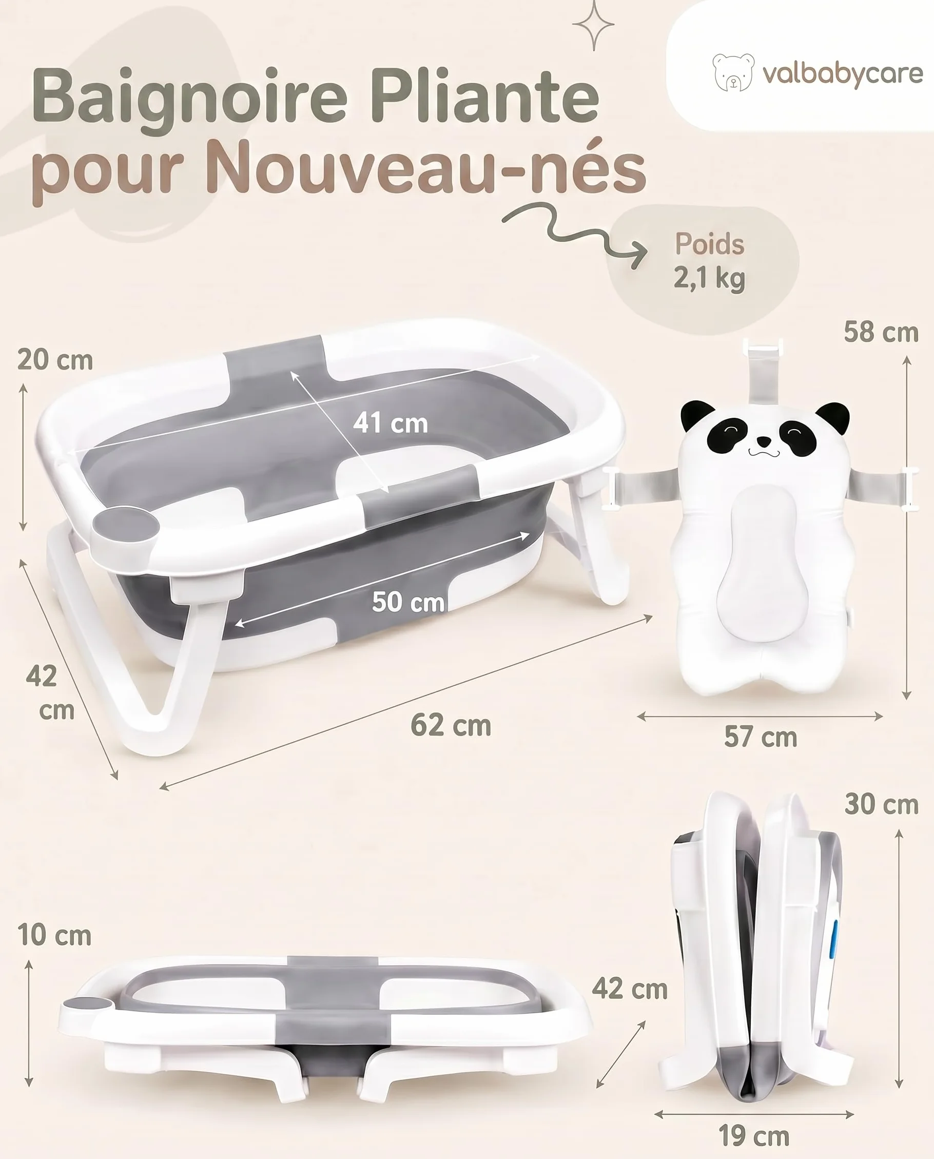 VALBABY Baignoire Pliable Bébé Portable avec Coussin Antidérapant Design Panda Grand et Rembourré Bain Baby Bath Tub