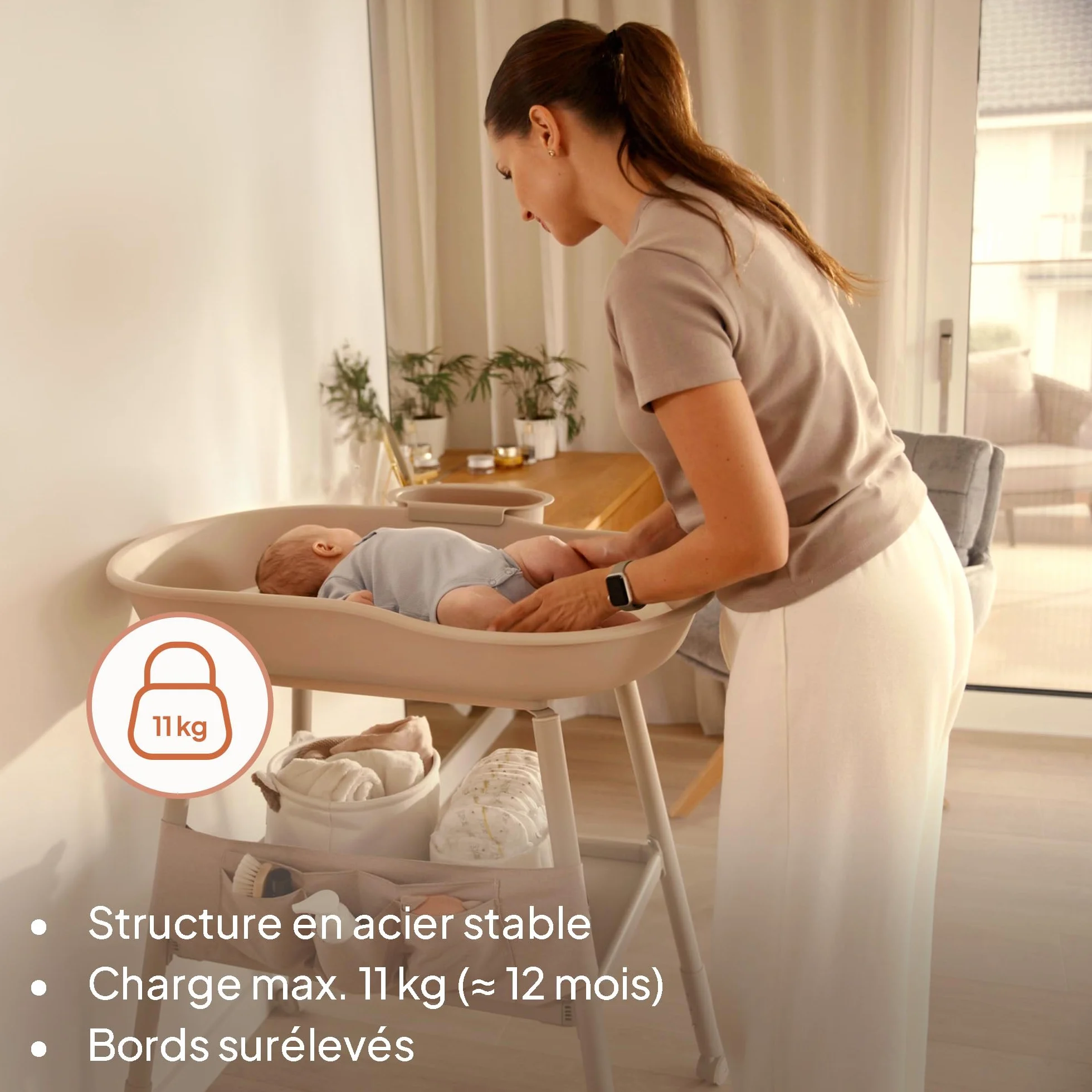 LIONELO Rosie table à langer bébé mobile sur roulettes matelas imperméable hauteur réglable rangements