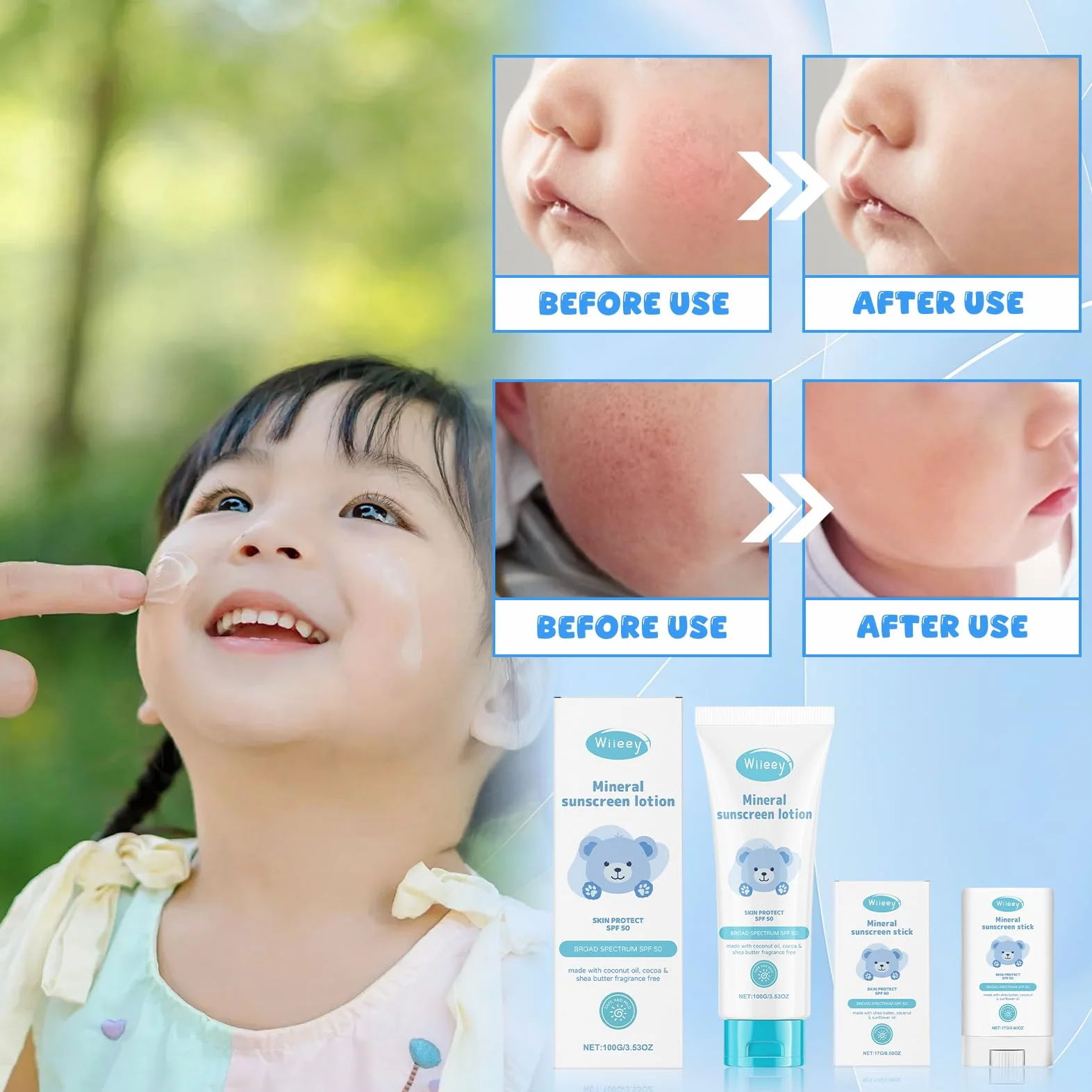 Creme Solaire Bebe & Enfant SPF50+ 100g + Stick Solaire Enfant 17g, Protection UVA & UVB, Vegan, Sans Parfum