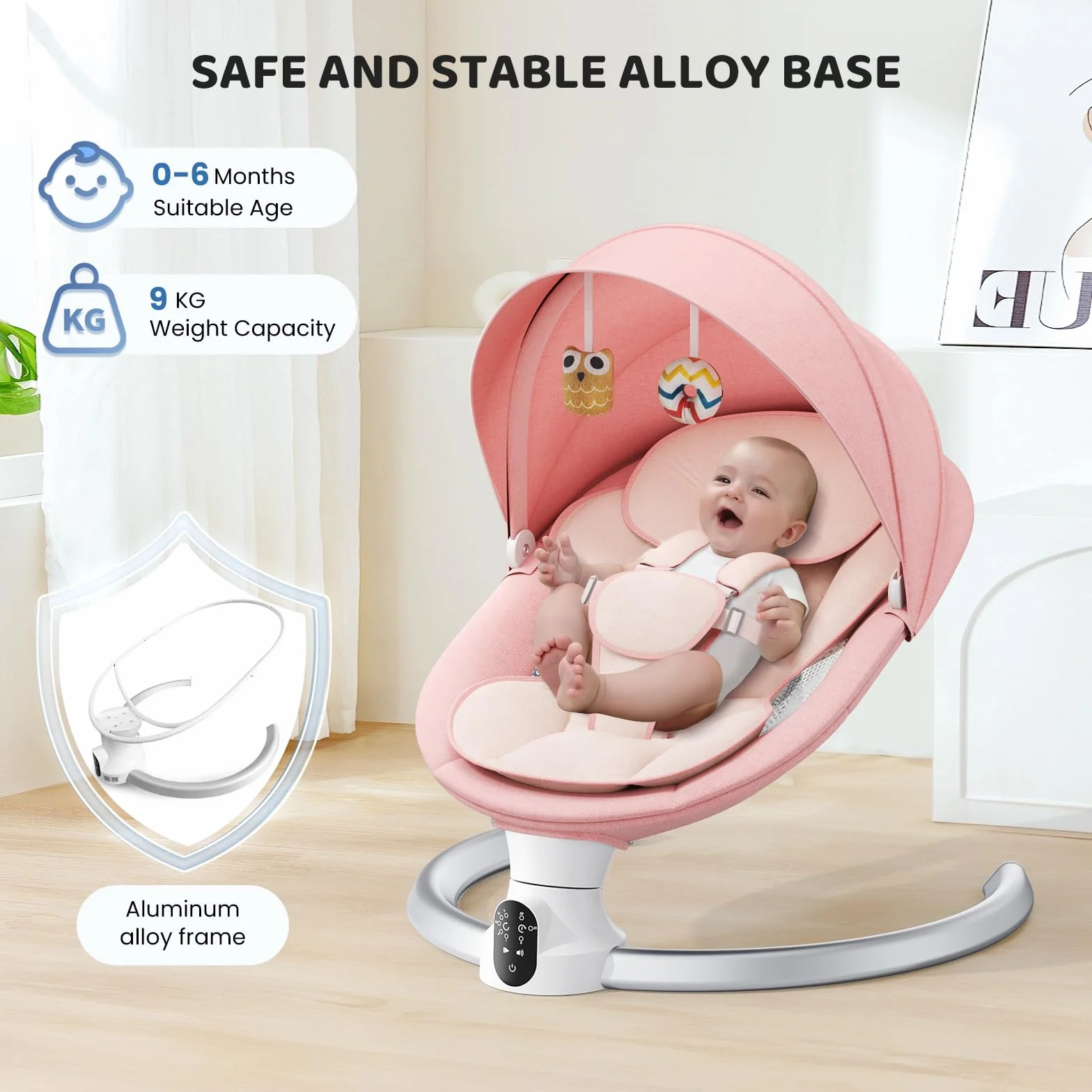 Transat Bébé Électrique avec APP & Télécommande, 3 Minuteries, 5 Vitesses, 10 Musiques, Bluetooth