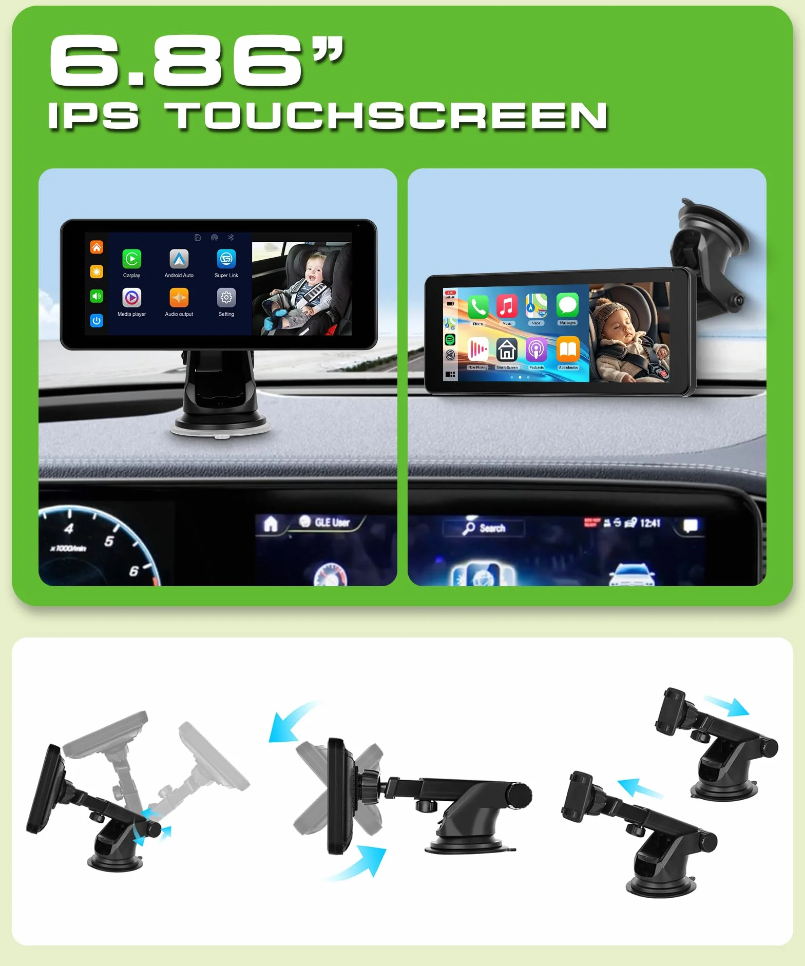 VECHTEL Camera Voiture bébé 2 enfants écran partagé 6,86 pouces HD 720P vision nocturne rotative 360° support ventouse