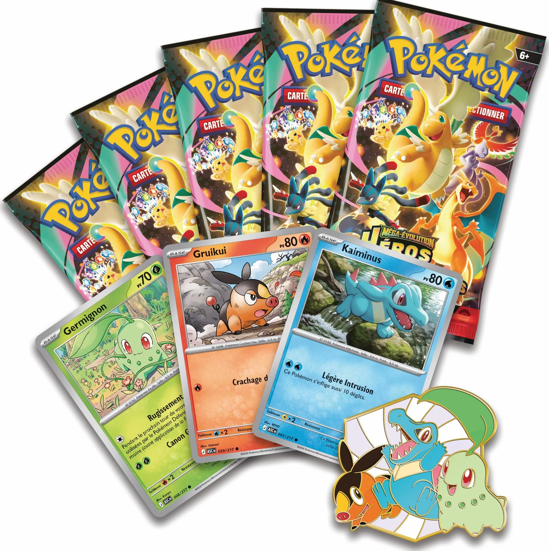 Pokémon Collection Deluxe Premiers Partenaires Méga-Évolution Héros Transcendants 3 Cartes Promo Brillantes 1 Pin's Deluxe 5 Boosters