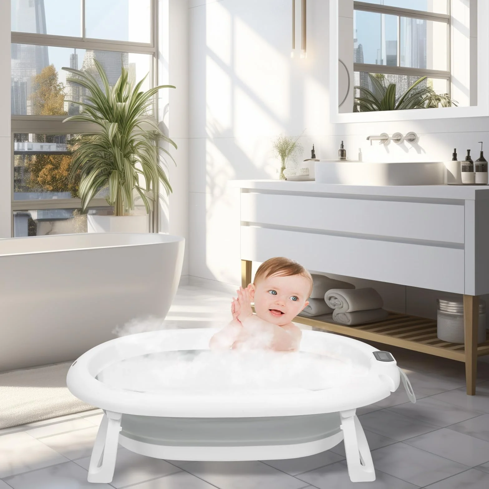 Baignoire Bébé Pliable Sur Pied XXL avec Support, Thermomètre 2.0, Siège et Kit de Drainage