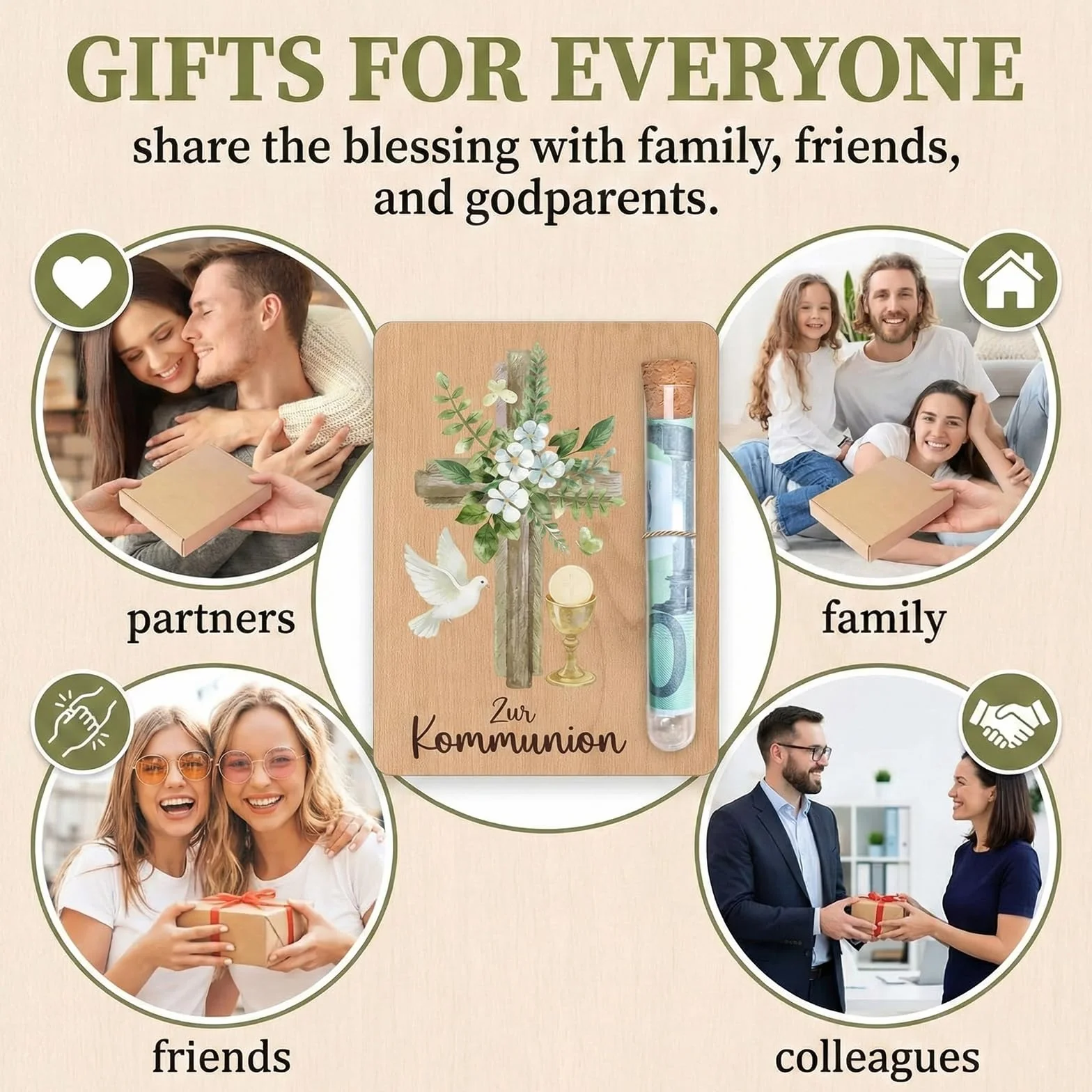 Carte en Bois Cadeau d’Argent Communion Motif Croix Colombe Tube à Essai Verre Boîte Cadeau Fille Garçon Confirmation