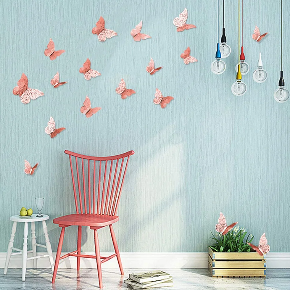 36 Pièces 3D Papillons Décoratifs Autocollants Muraux DIY Art Stickers Chambre Bébé (Rose Rouge)