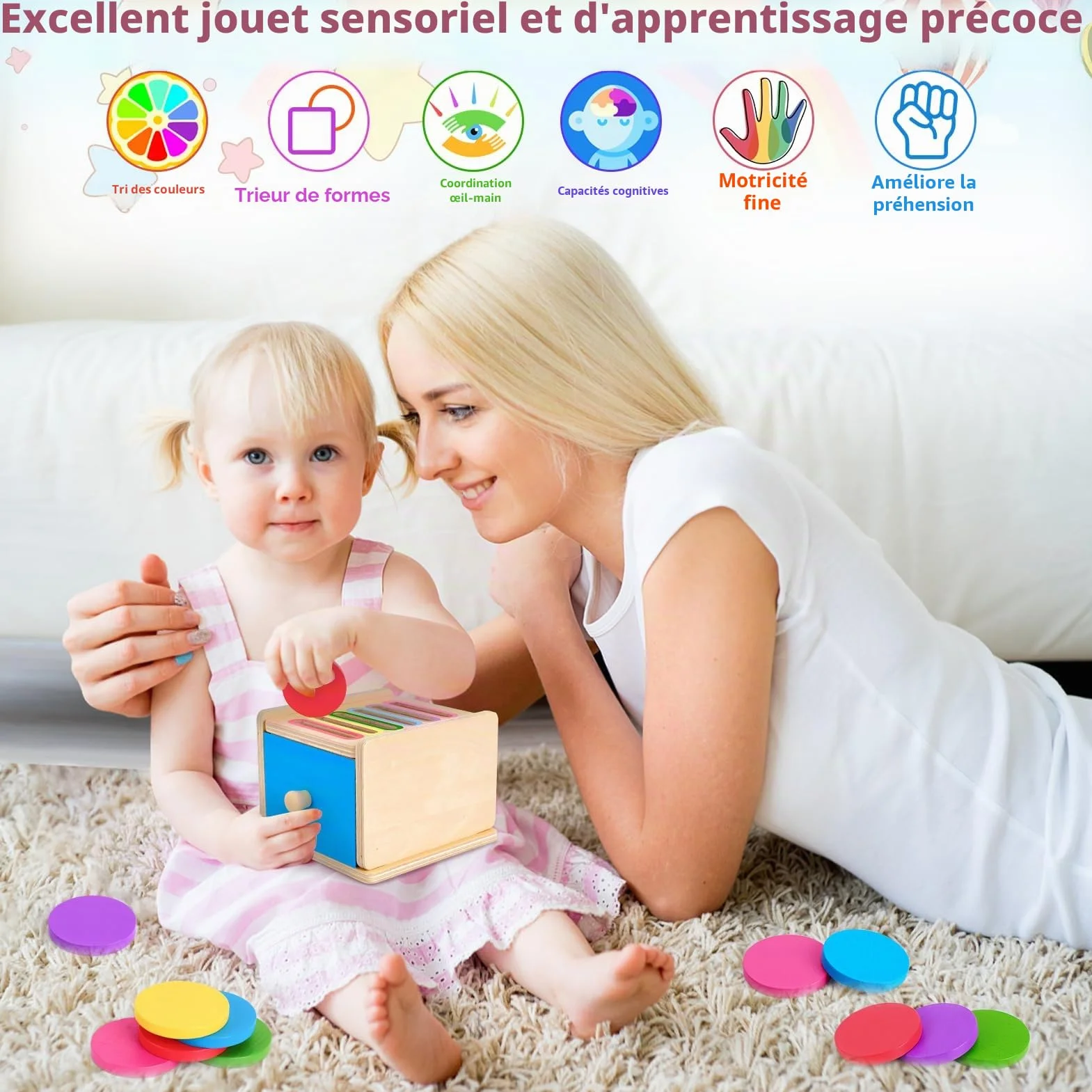 Jouet Bebe 1 2 3 Ans, Jeux Montessori Educatif Apprendre Les Couleurs, Cadeau Fille Garçon Anniversaire Noel