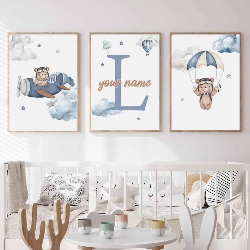 Affiche Chambre Bébé Nounours 30x40cm Poster Bleu Enfant Tableau Personnalisé Prénom Garçon Toile Décoration Ourson