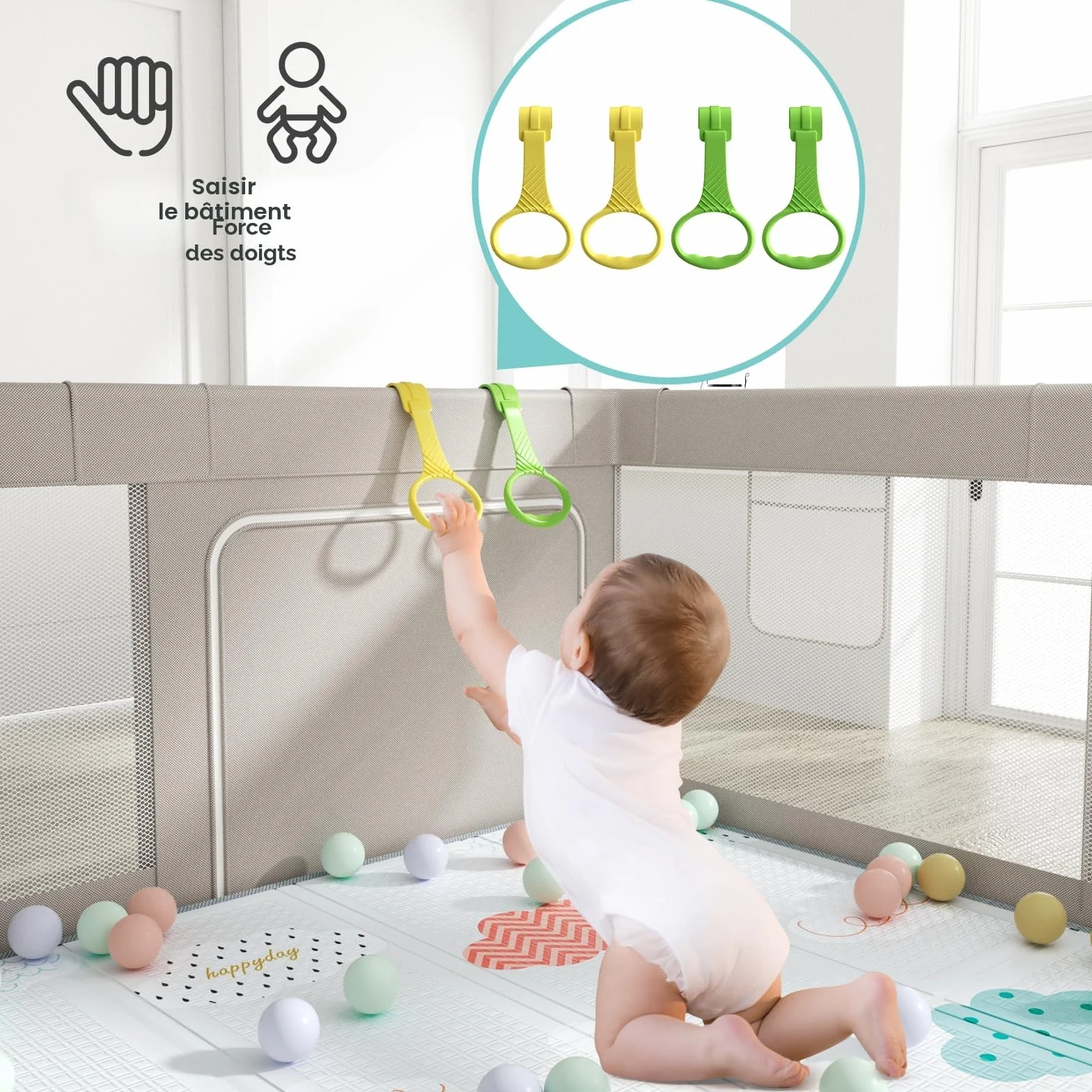 Parc bébé 150 x 150 cm avec tapis, fermeture éclair, 4 anneaux de traction, aire de jeu sécurisée intérieur extérieur