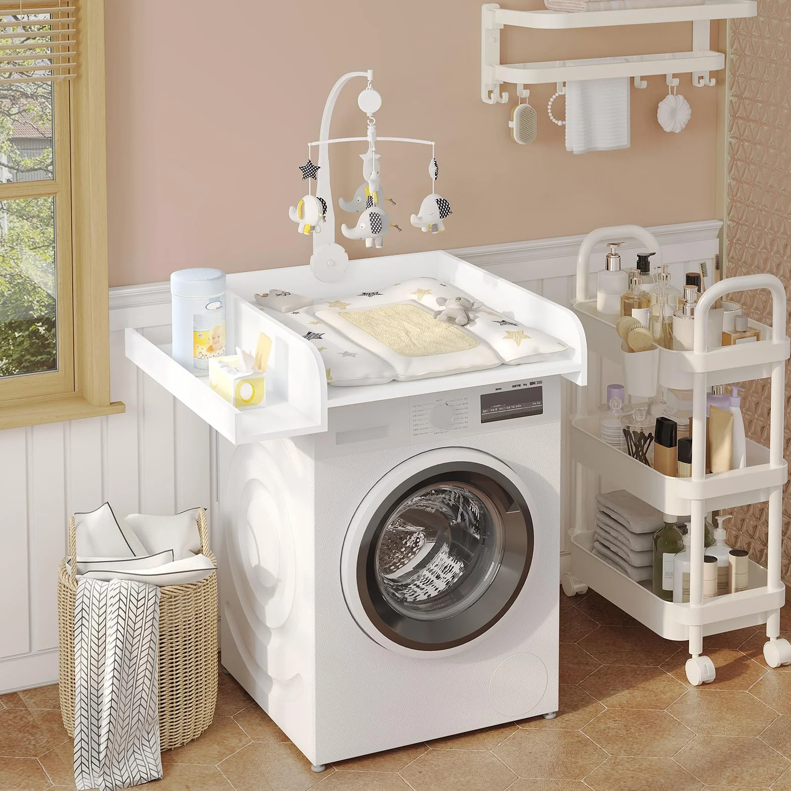 WOLTU Plan à langer pour machine à laver ou sèche-linge, table à langer bébé avec rebord de protection, 80 x 70 x 16,5 cm, blanc