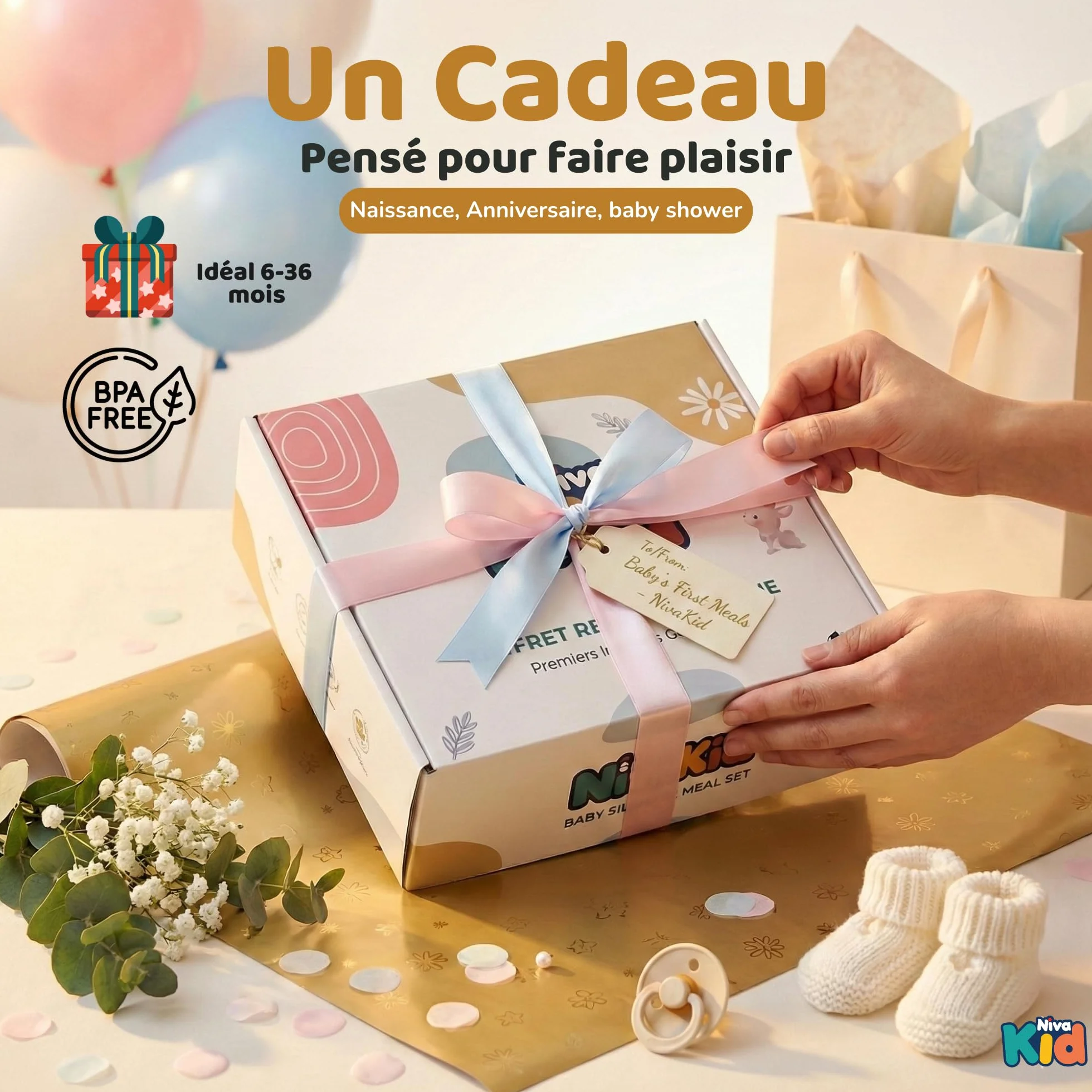 Coffret Repas Bébé Silicone Set Vaisselle 1er Âge Assiette Ventouse Cuillère Bavoir Tasse Sans BPA DME Bébé Beige