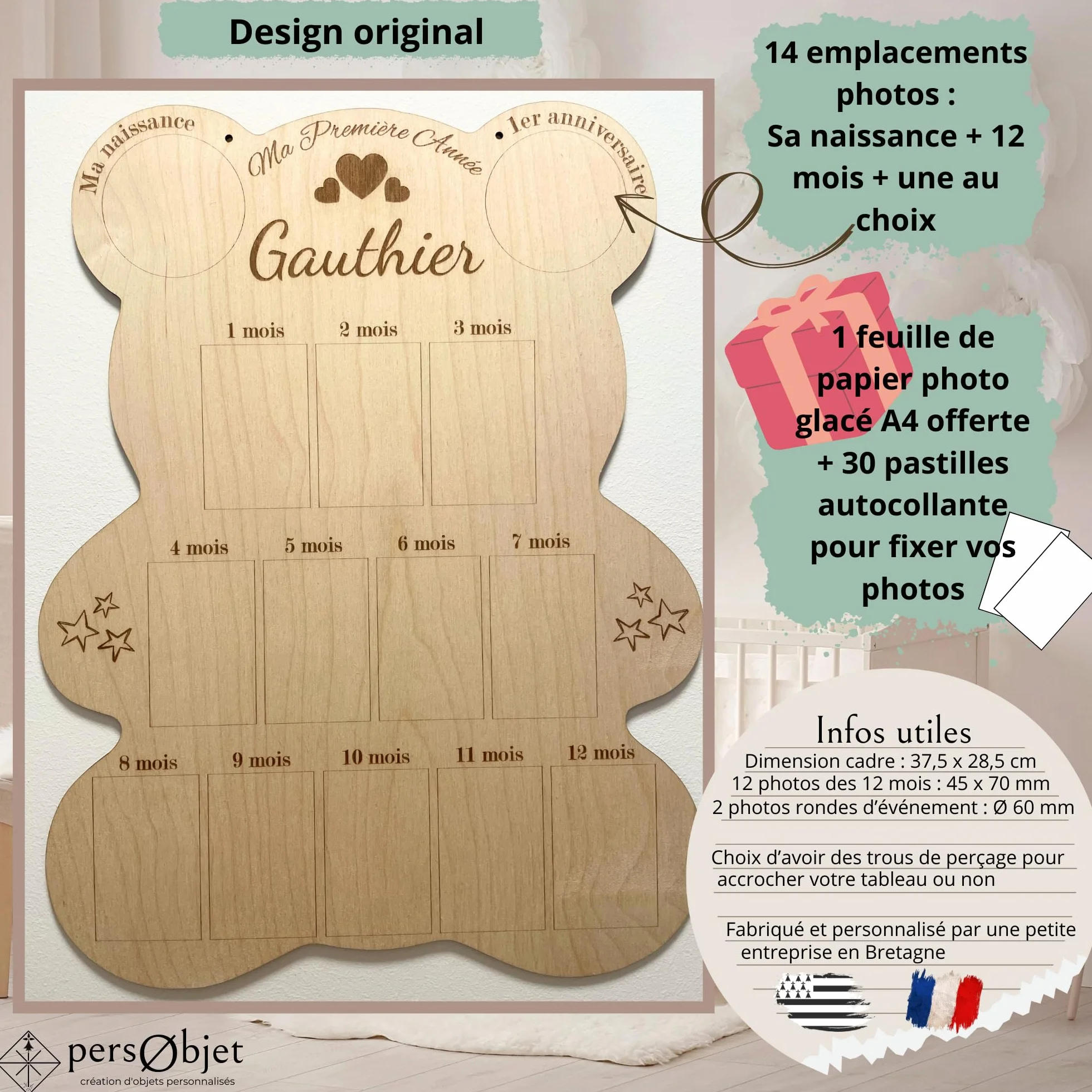 Cadre Photos Pêle-Mêle Ours en Bois Personnalisé - Souvenirs Première Année Bébé - Cadeau Naissance Baptême Décoration Chambre Enfant