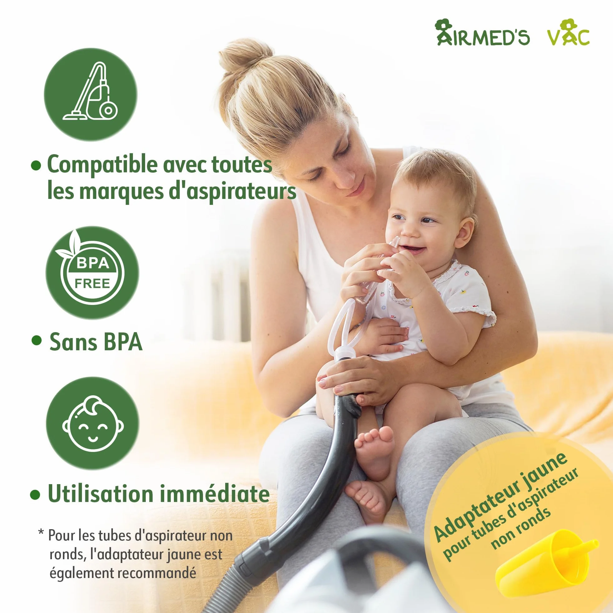 Airmed's Aspirateur Nasal Bébé - Testé Cliniquement, Sûr et Doux - Nez Dégagé en 3 Secondes - 2 Embouts + Brosse