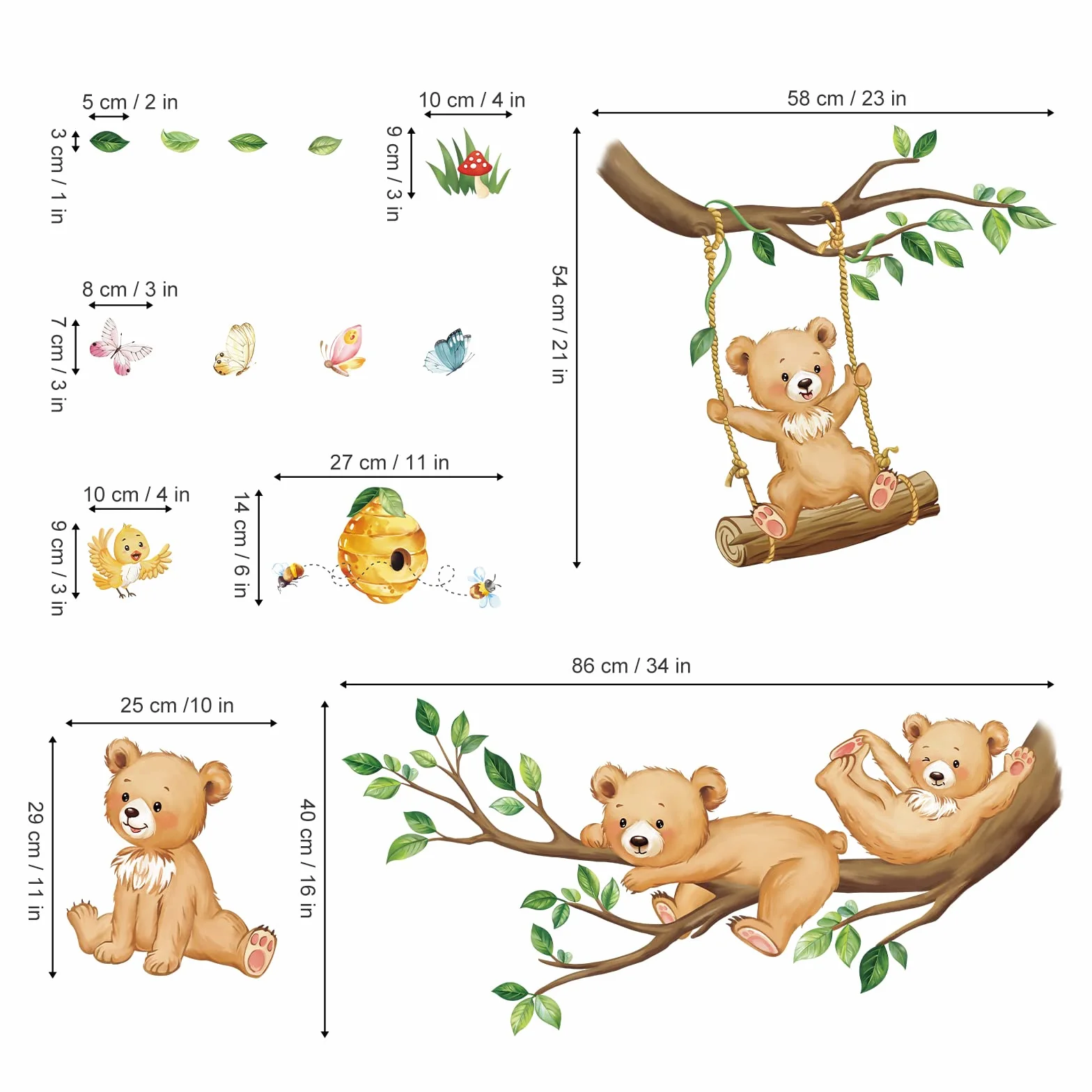 Decalmile Autocollant Mural Animaux Forêt Ours Branche Arbre Vertes Décoration Murale Chambre Enfants