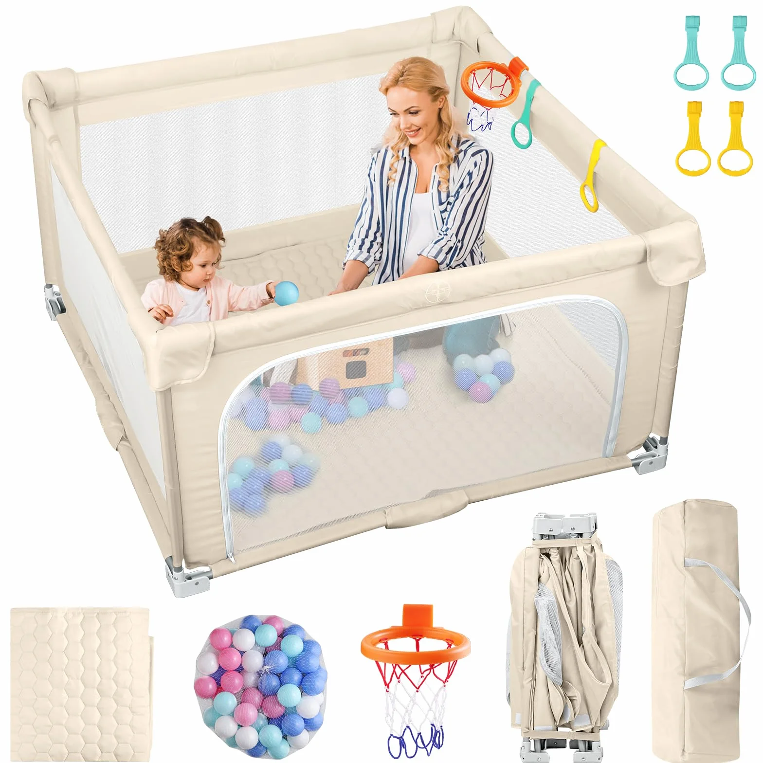 eSynic Parc Bébé Pliable 127 × 127 cm avec Tapis Sac de Rangement Balle Océanique Panier de Basket - Beige